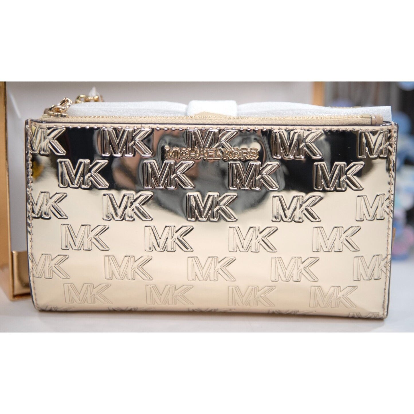Michael Kors Pale Gold Monogram Mirror Adele Double Zip Phone Wallet NWT
