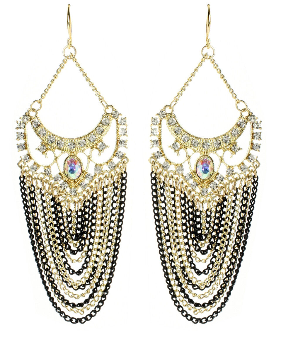 Amrita Singh Crystal Elizabeth Street Gold Black Chain Earrings ERC 2027 NWT