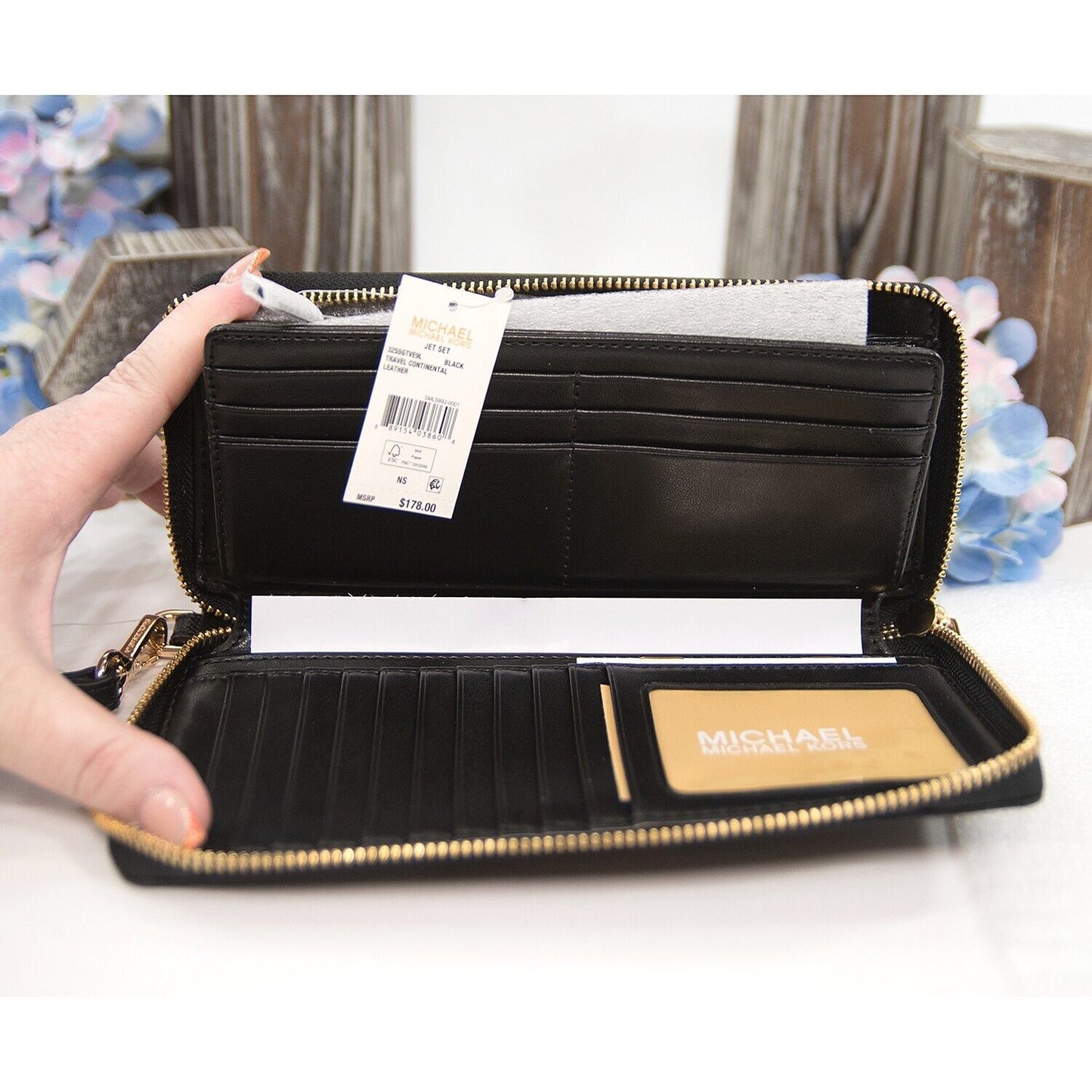 Michael Kors Black Leather Zip Around Travel Wallet NWT