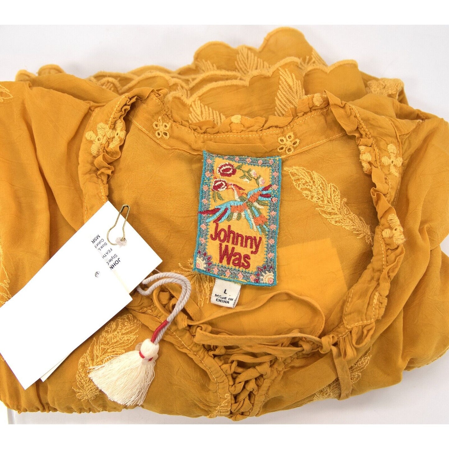Johnny Was Persimmon Rayon Embroidered Lara Feather Top Shirt Blouse Sz L NWT