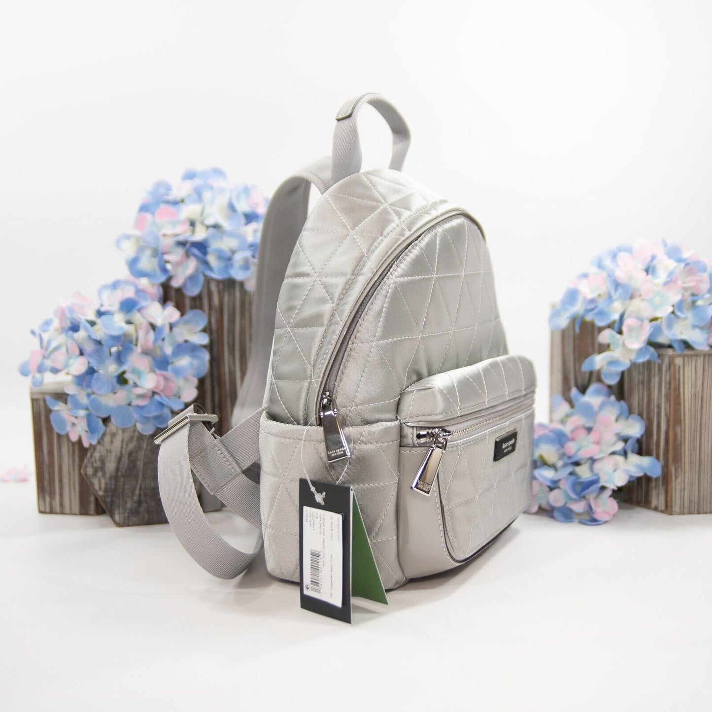 Kate Spade Sam Icon Quilted Silver Satin Nylon Small Backpack Bag NWT
