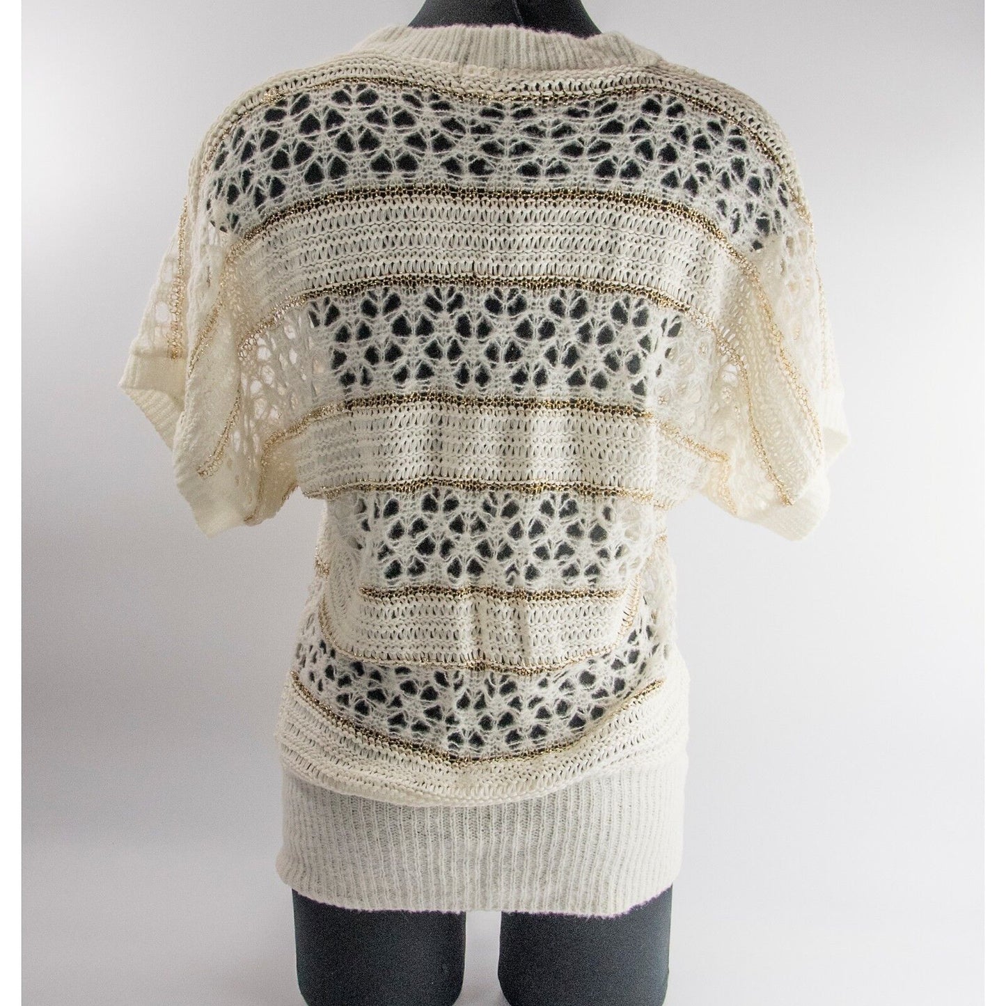 Desigual Wool V Neck Metallic Gold Cream Open Knit Plunge Front Sweater L NWOT