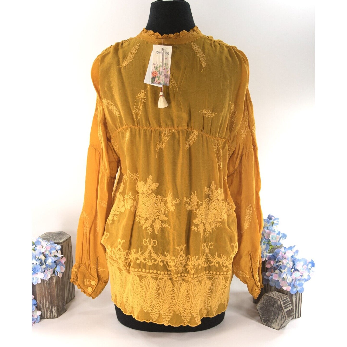 Johnny Was Persimmon Rayon Embroidered Lara Feather Top Shirt Blouse Sz L NWT