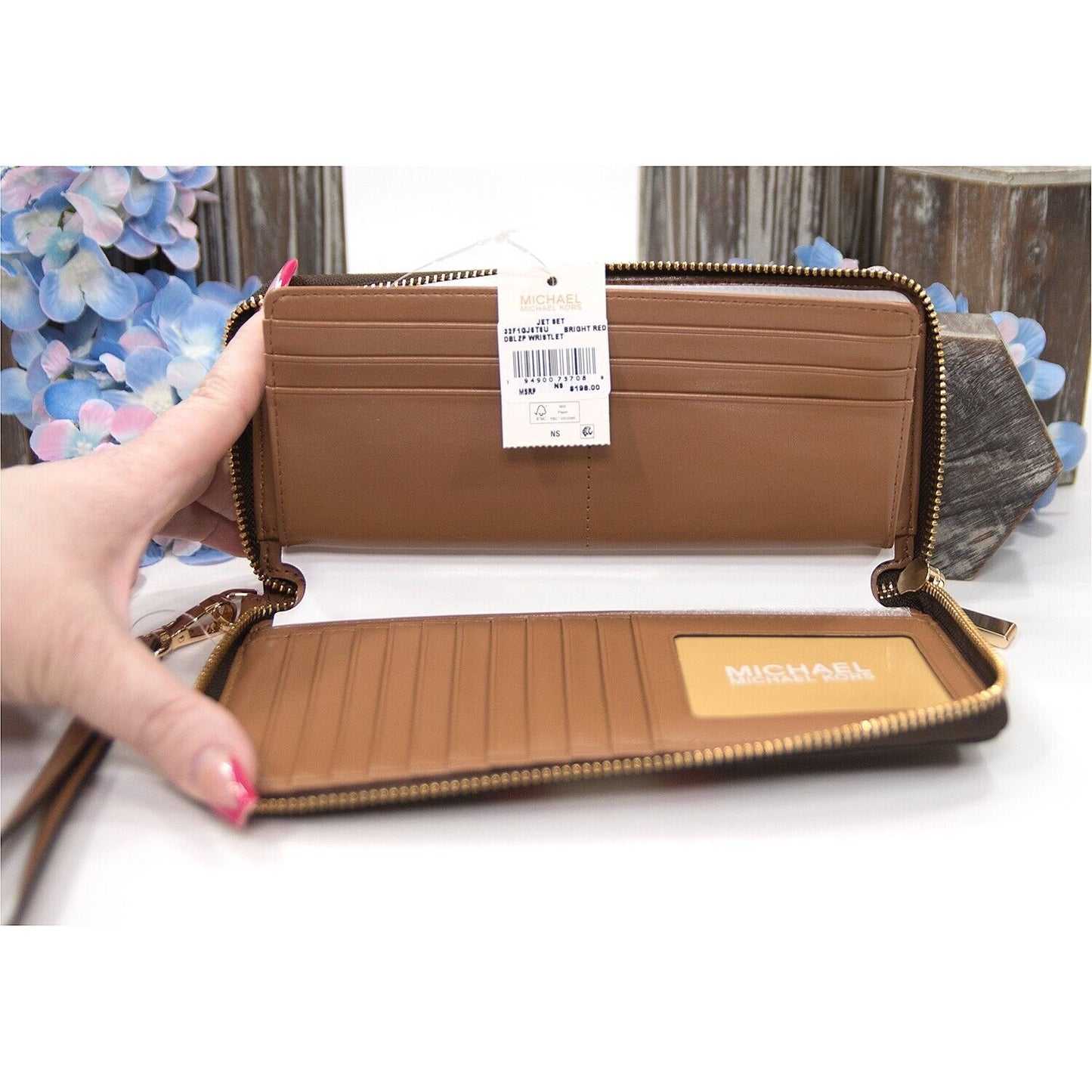 Michael Kors Bright Red Stripe Brown Monogram Zip Around Travel Wallet NWT