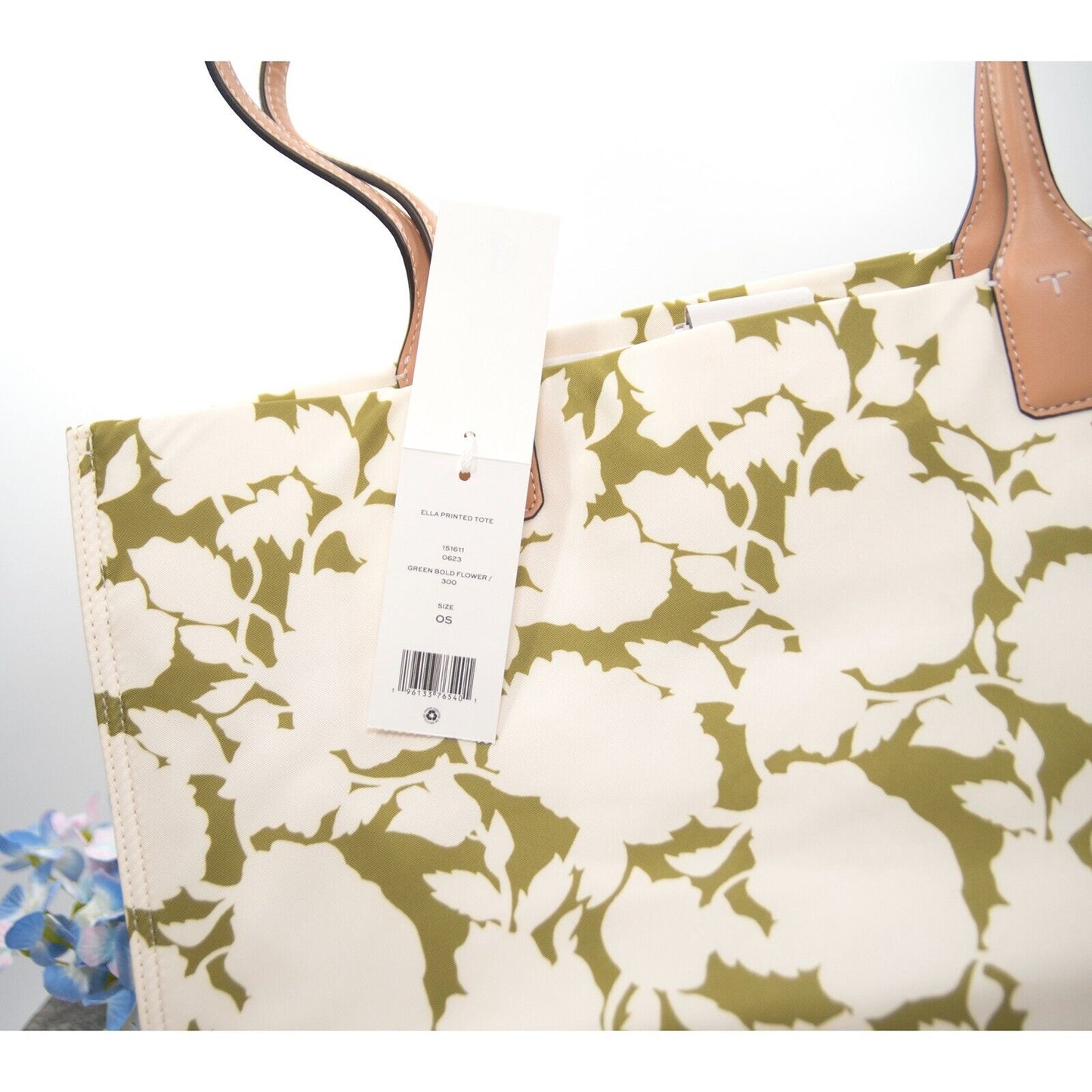 Tory Burch Ella Green Bold Flower Print Nylon Natural Leather Large Tote Bag NWT