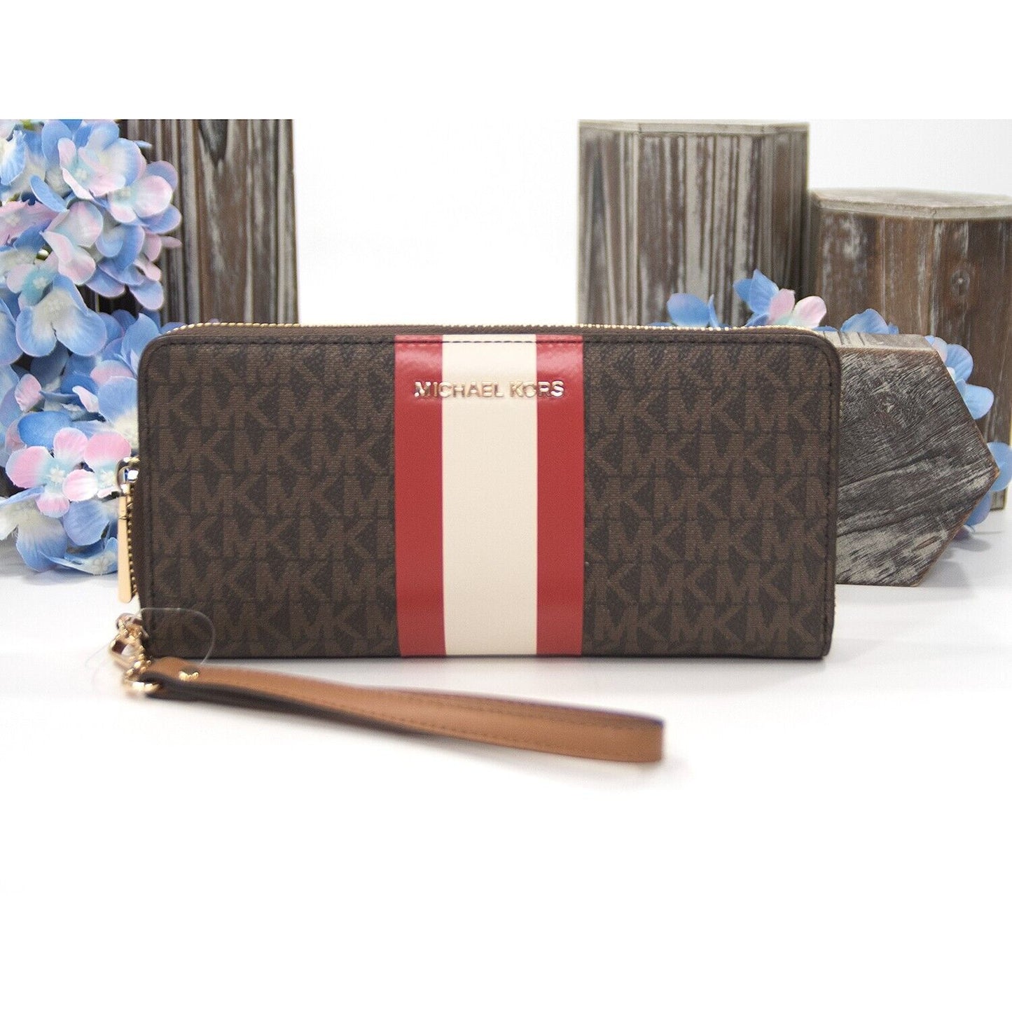 Michael Kors Bright Red Stripe Brown Monogram Zip Around Travel Wallet NWT