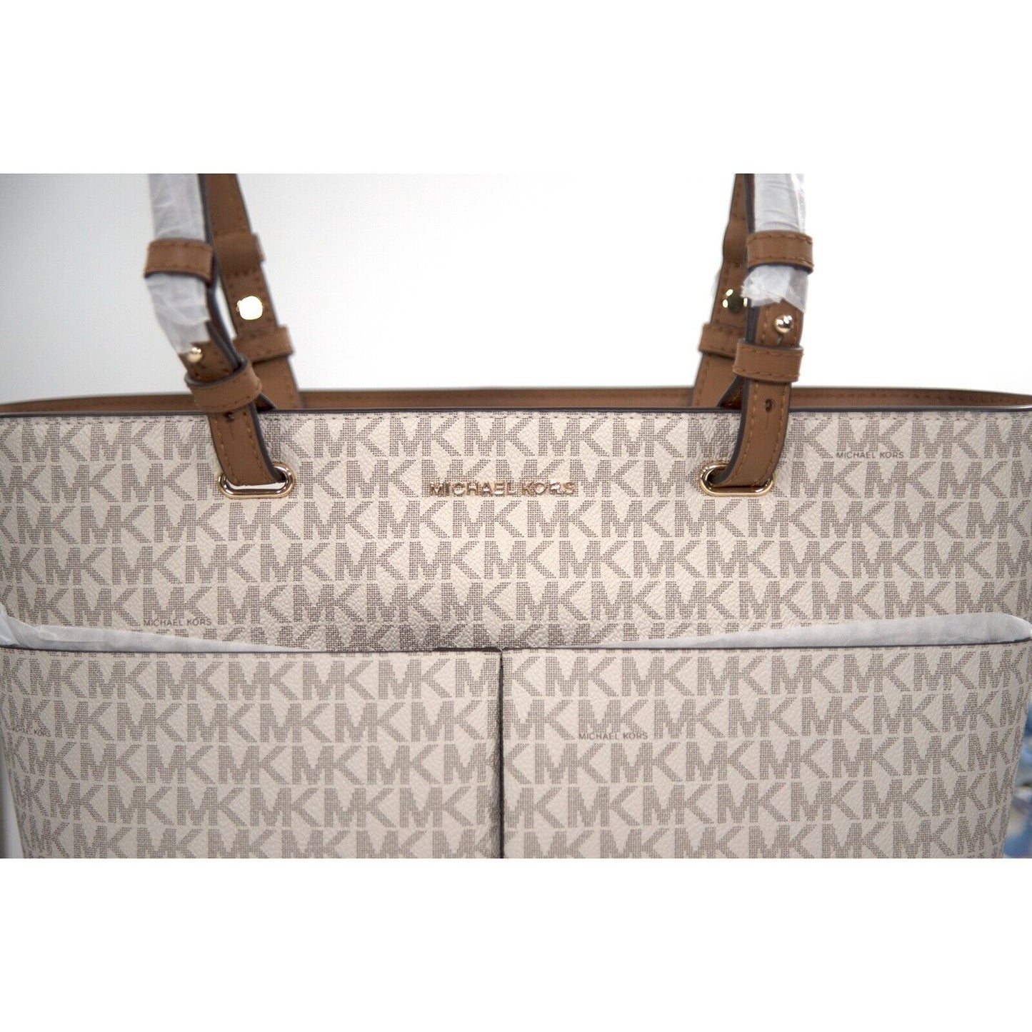 Michael Kors Bedford Vanilla Monogram Acorn Leather Pocket Tote Bag NWT