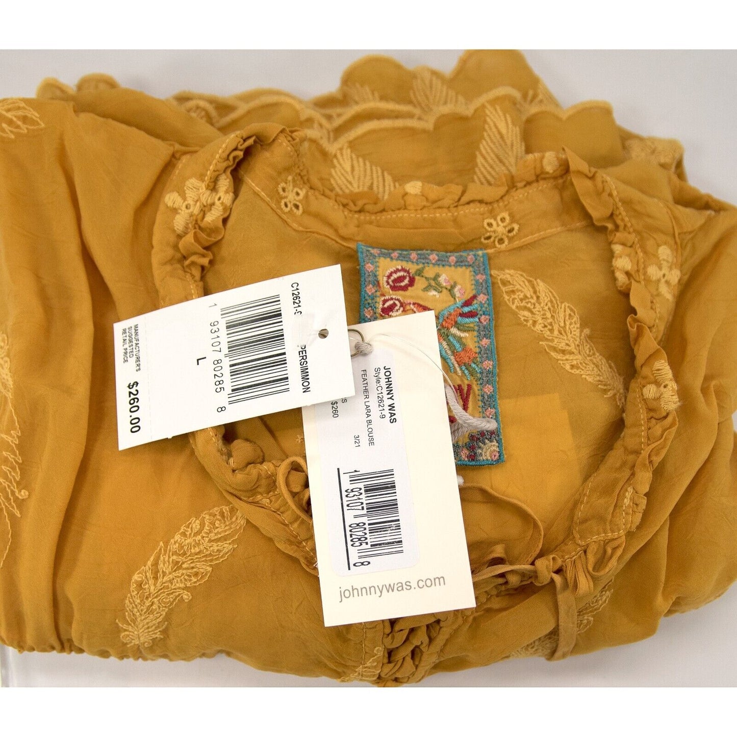 Johnny Was Persimmon Rayon Embroidered Lara Feather Top Shirt Blouse Sz L NWT