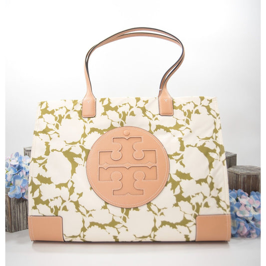 Tory Burch Ella Green Bold Flower Print Nylon Natural Leather Large Tote Bag NWT