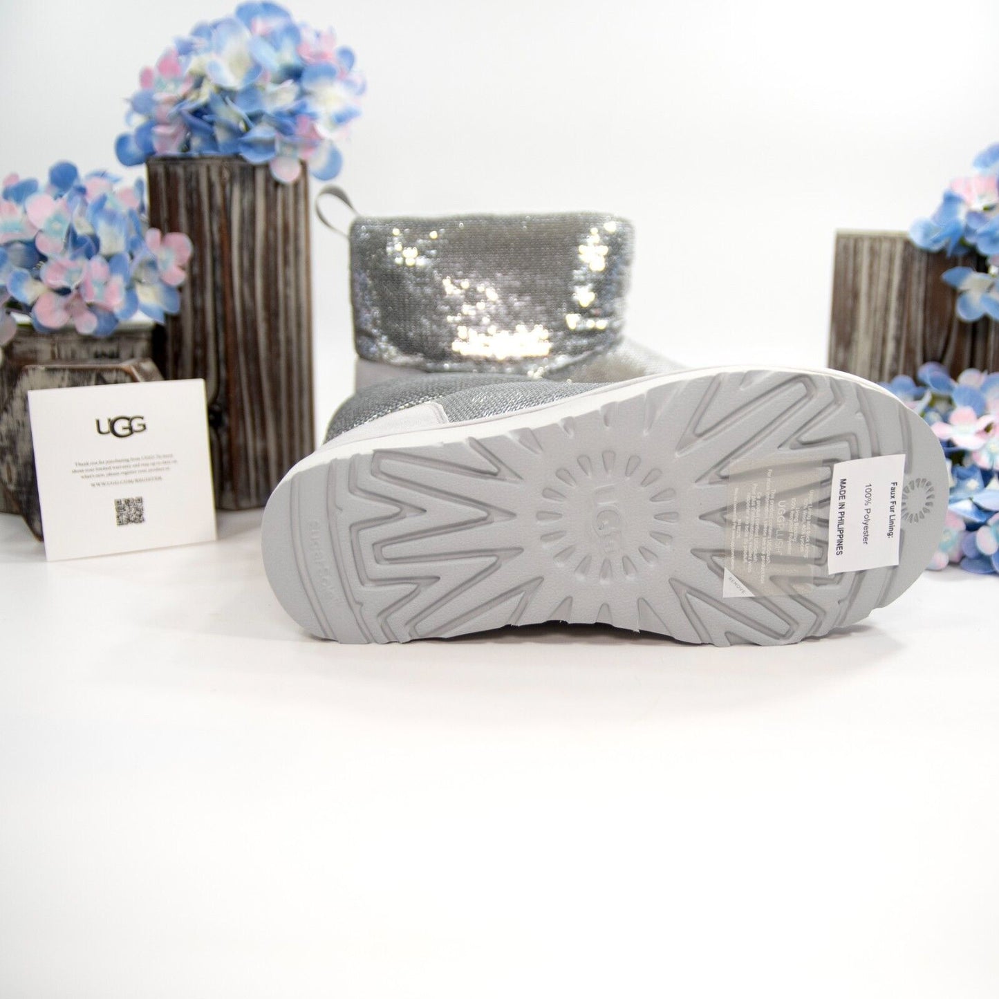 UGG Classic Mini Mirror Ball Silver Sequin Sheepskin Suede Boots Size 7 NIB