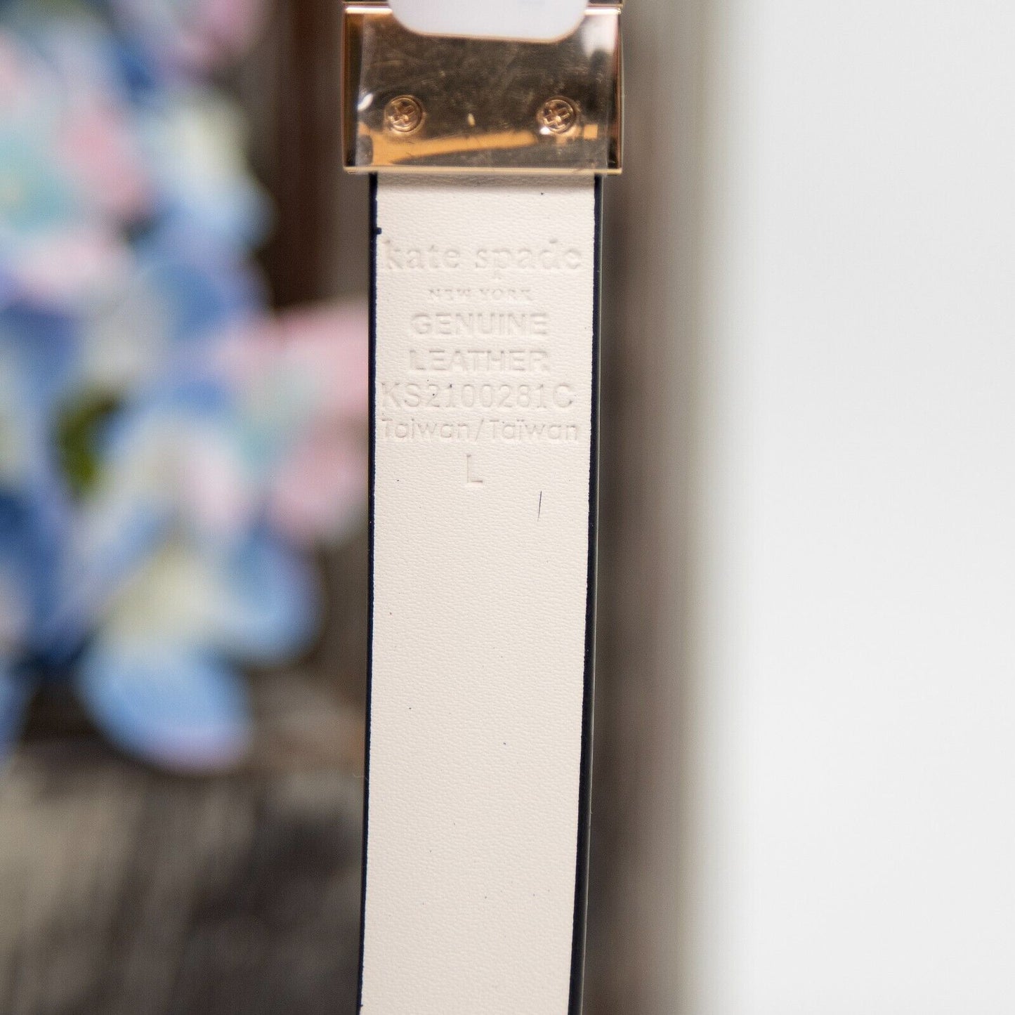 Kate Spade Black Cream Leather Slim Gold Plated Buckle Reversible Belt Lg NWT