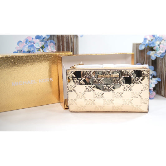 Michael Kors Pale Gold Monogram Mirror Adele Double Zip Phone Wallet NWT
