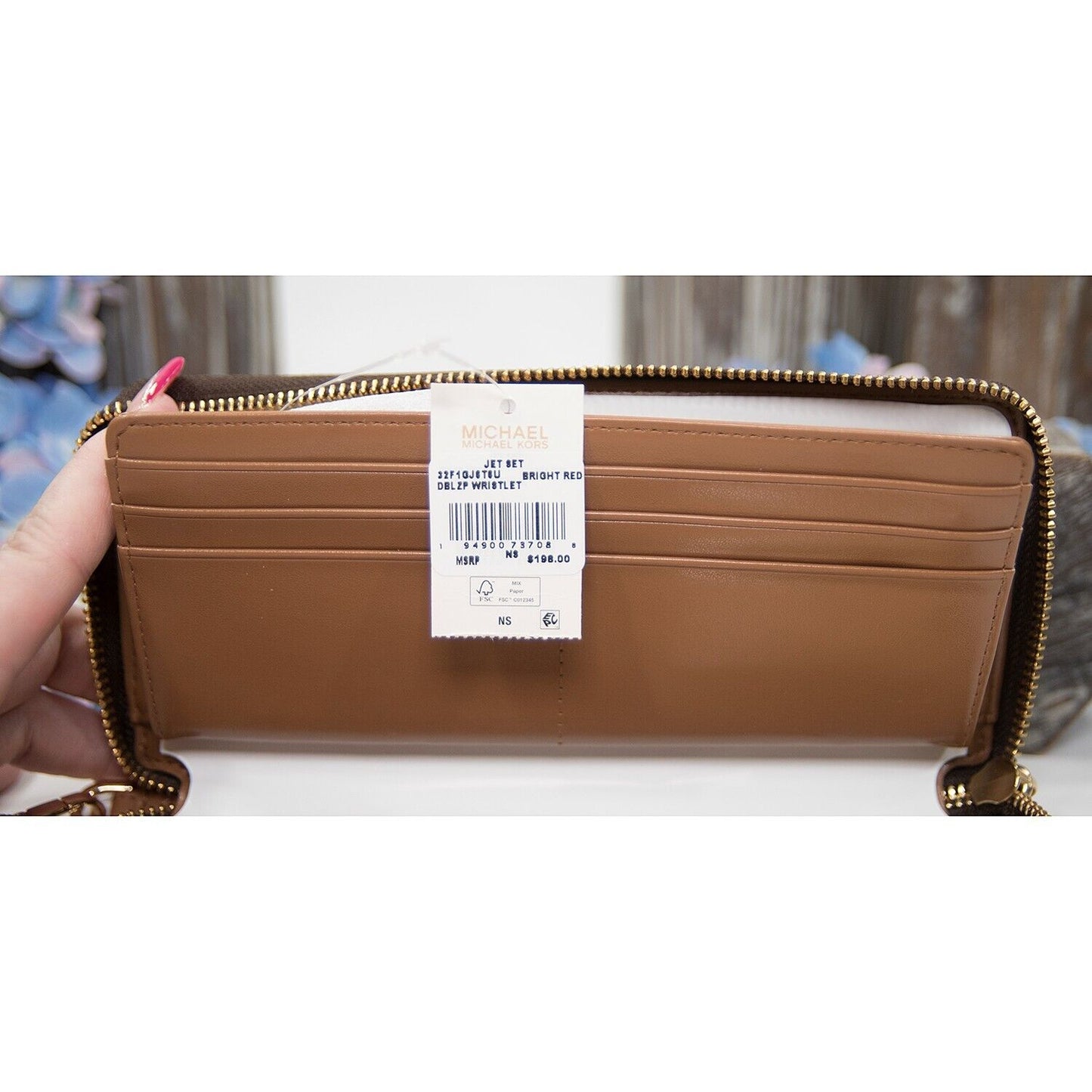 Michael Kors Bright Red Stripe Brown Monogram Zip Around Travel Wallet NWT