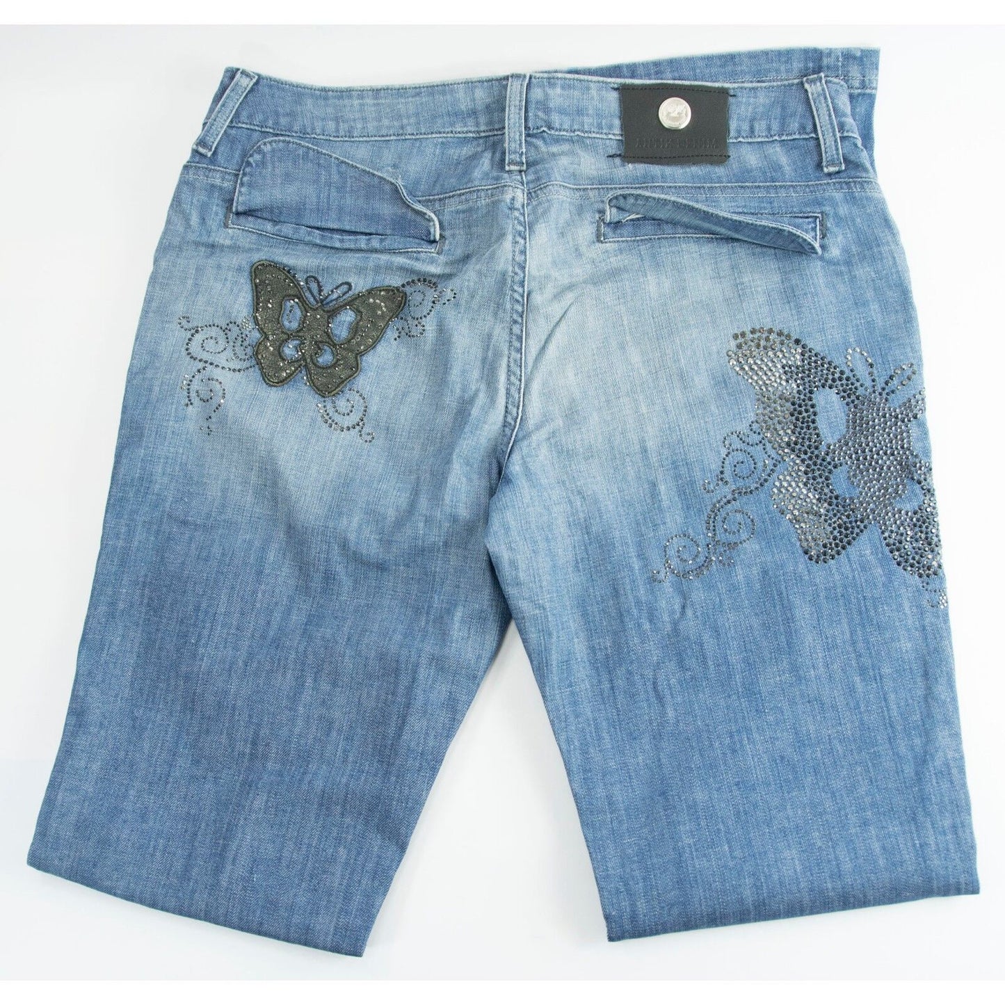 Antik Batik Crystal Rhinestone Butterfly Crystal Distressed Bootcut Jeans 31