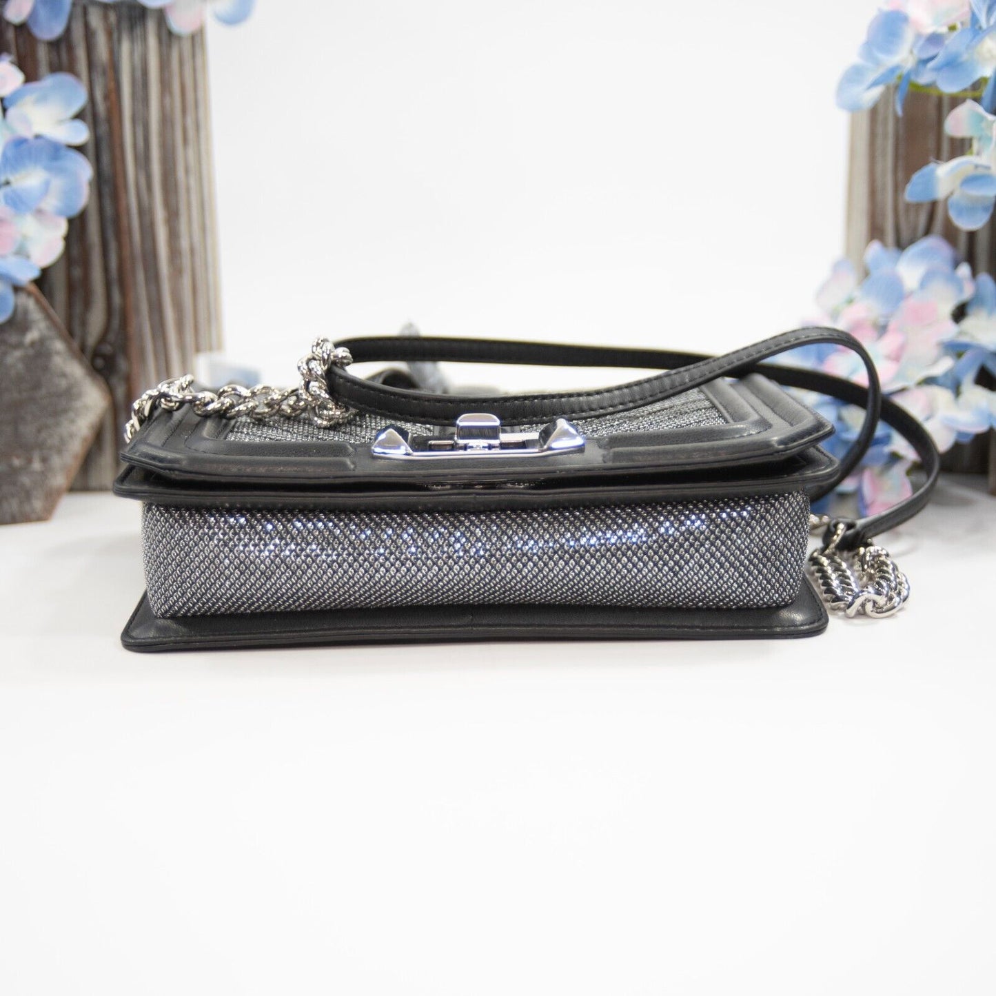 Rebecca Minkoff Silver Fabric Black Leather Love Crossbody Mini Bag NWT