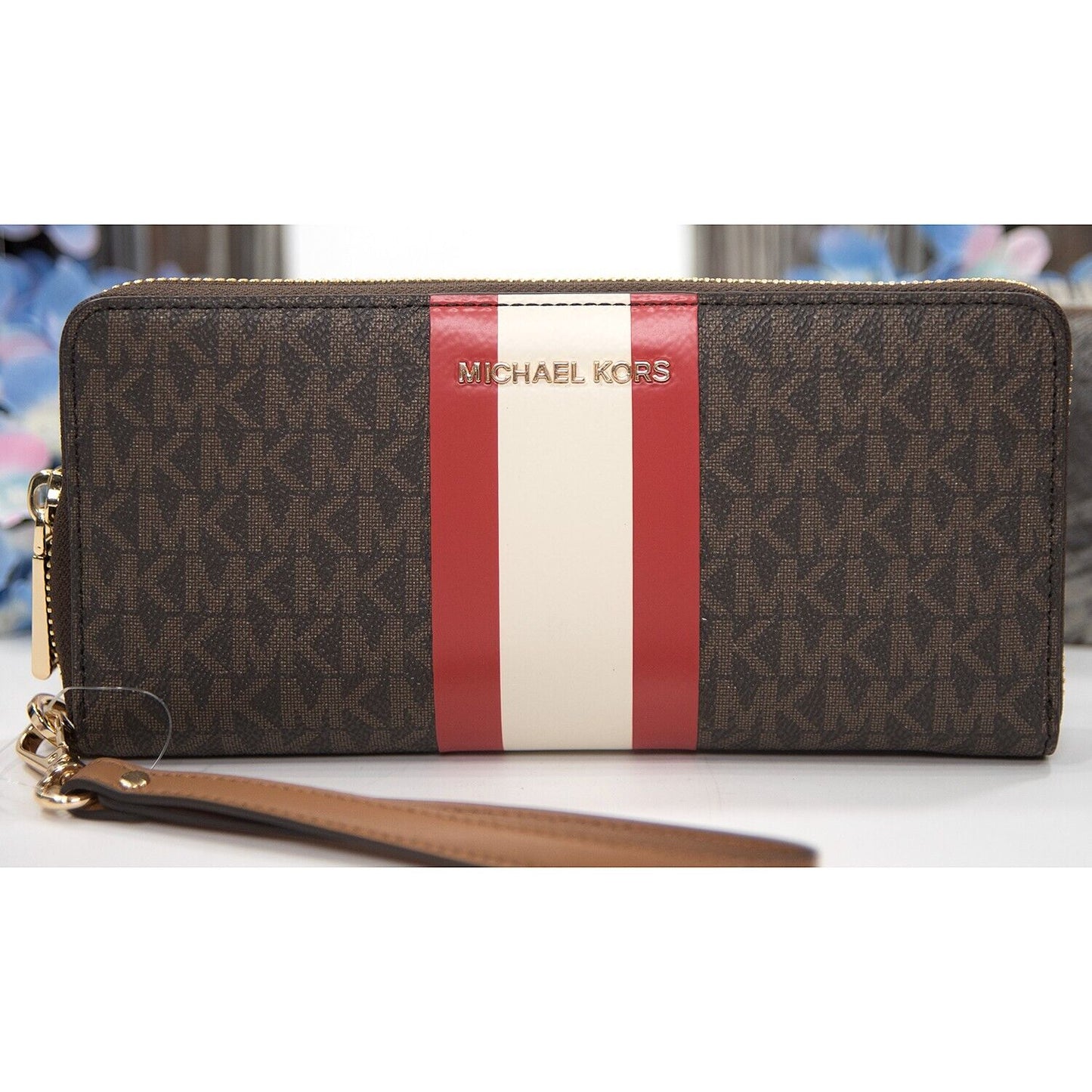 Michael Kors Bright Red Stripe Brown Monogram Zip Around Travel Wallet NWT