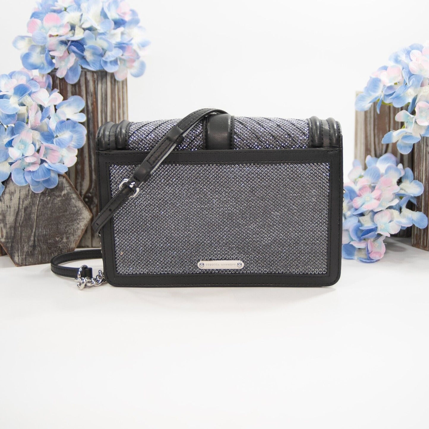 Rebecca Minkoff Silver Fabric Black Leather Love Crossbody Mini Bag NWT