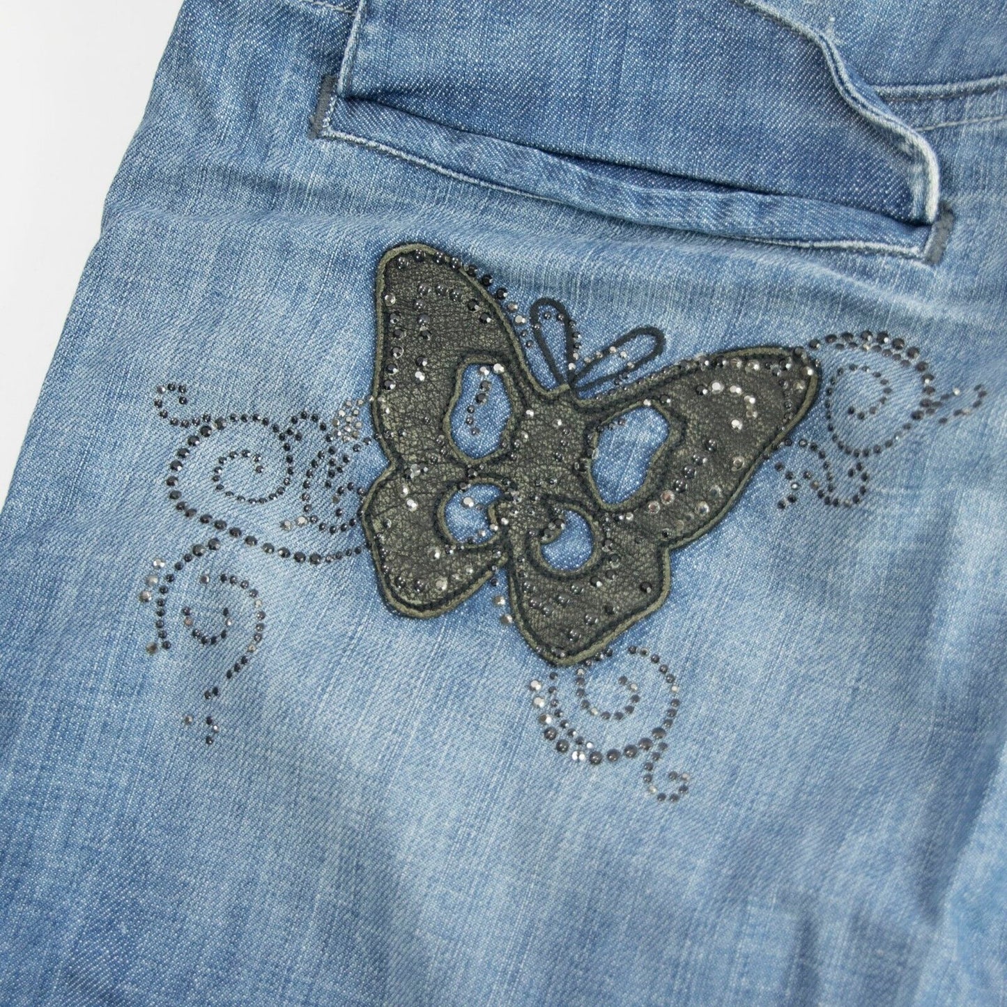 Antik Batik Crystal Rhinestone Butterfly Crystal Distressed Bootcut Jeans 31