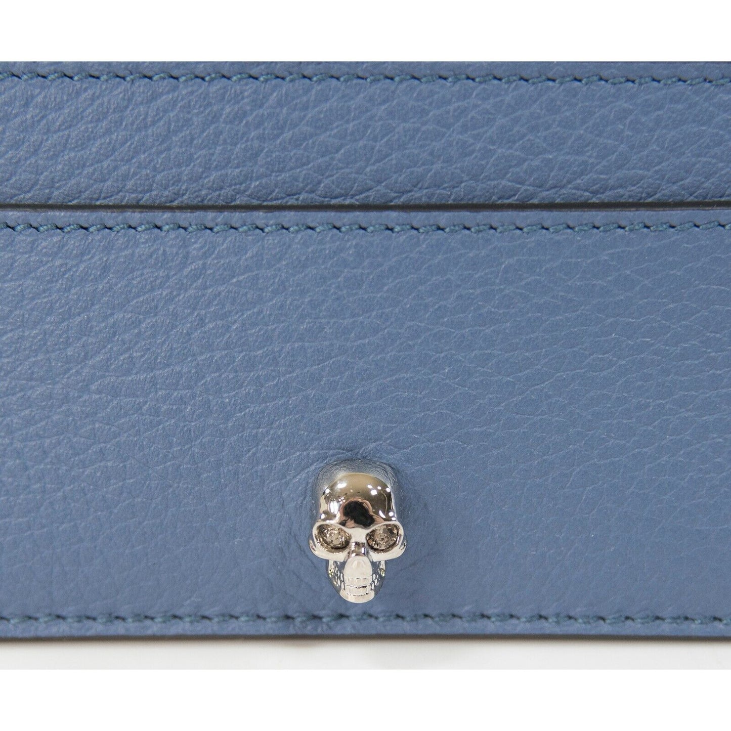 Alexander McQueen Skull Crystal Battleship Blue Leather Card Case Holder NWT