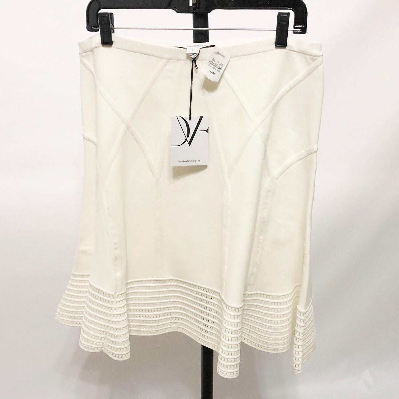 Diane Von Furstenberg White Samara Eyelet Thick Knit A Line Skirt L NWT $395