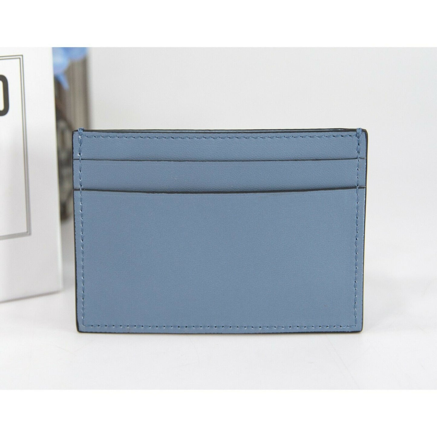 Moschino Couture Dust Blue Crystal Logo Leather Card Case Holder NWT