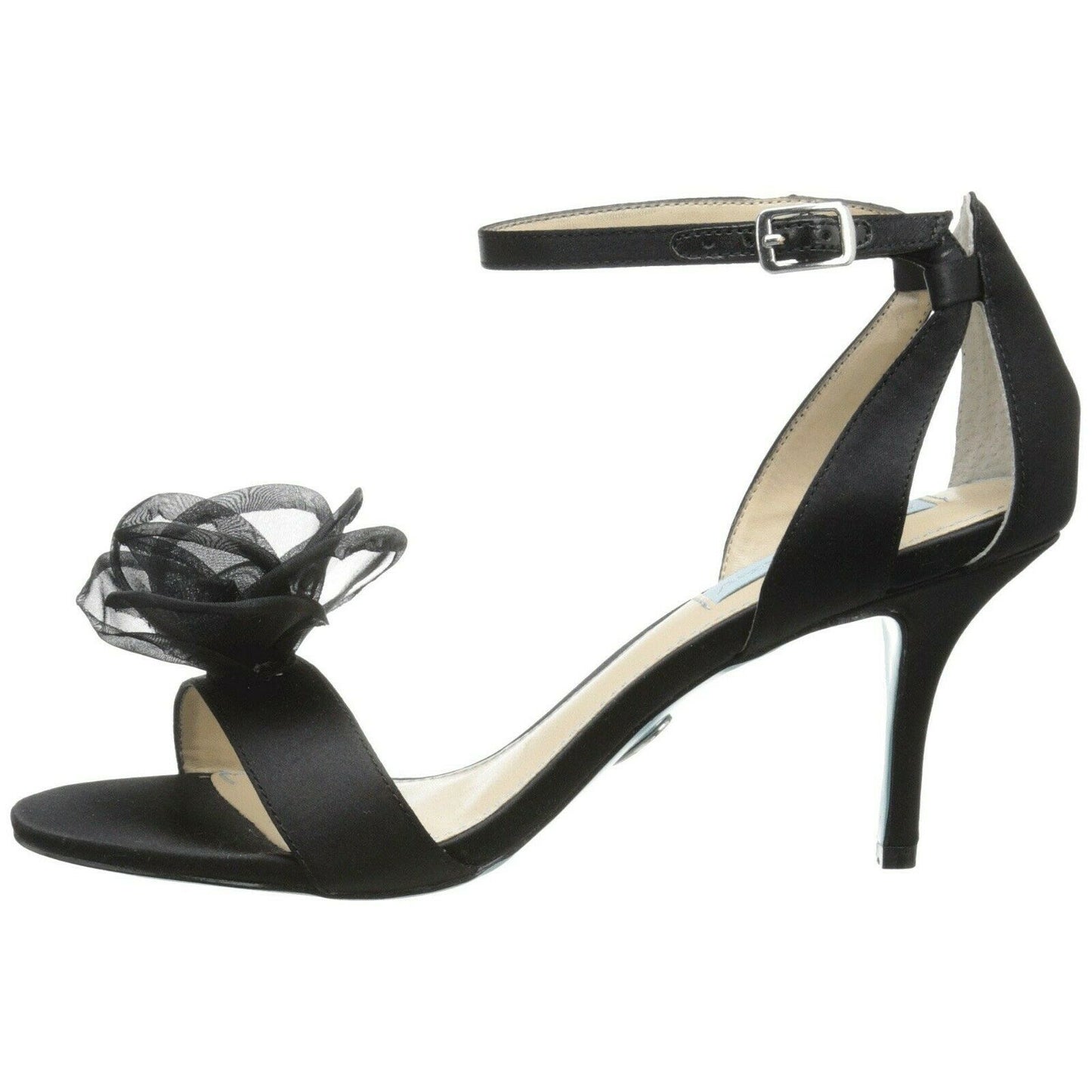 Betsey Johnson Maddi Black Satin Chiffon Flower Open Toe Kitten Heels 6.5 NIB