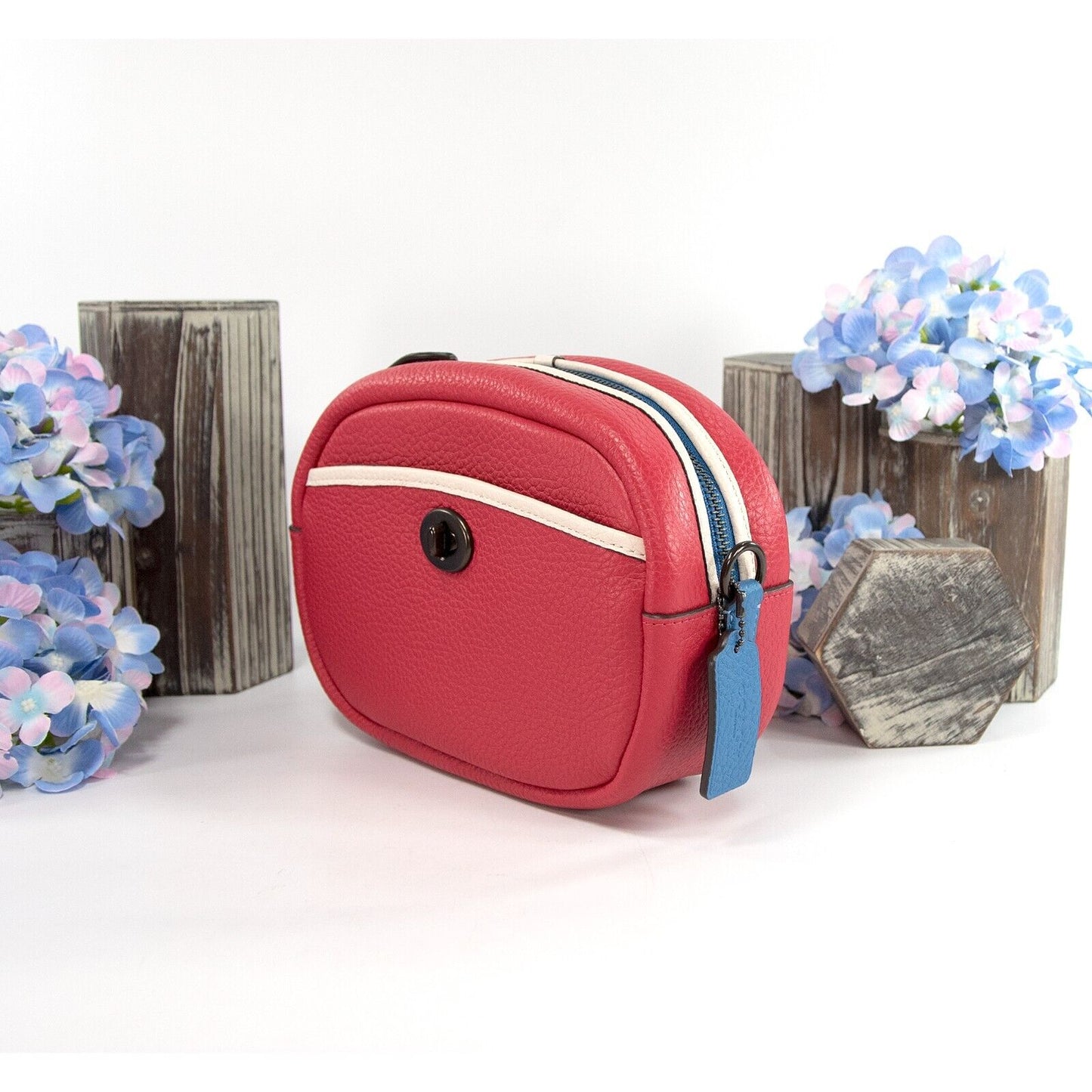 Coach Red Blue Colorblock Leather Camera Guitar Strap Crossbody Bag NWT C6833