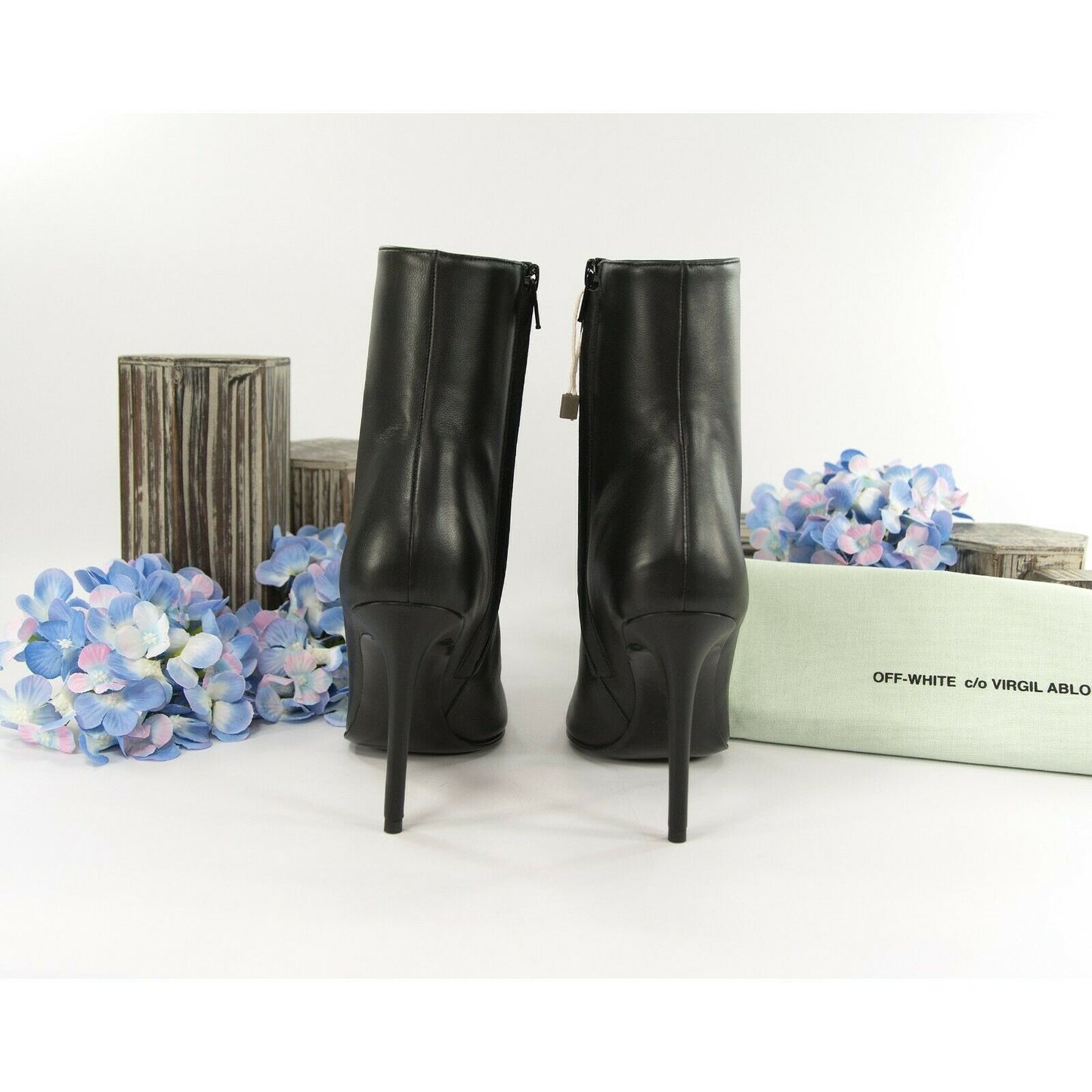 Off White Black Lambskin Arrow Heeled Bootie Boots Size 37 NIB