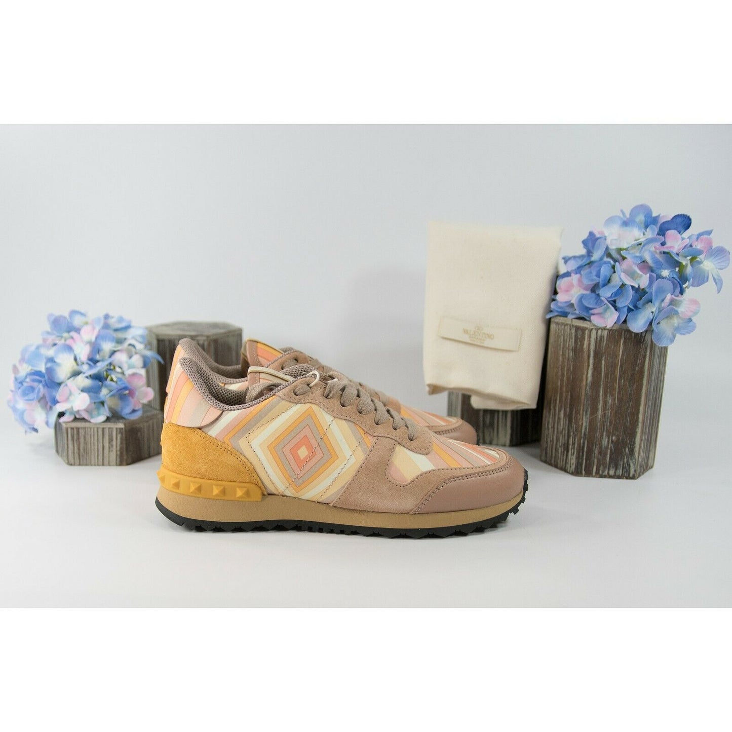Valentino Orange Rockstud Nylon Suede Leather Diamond Trainer Sneaker 36 6 NIB