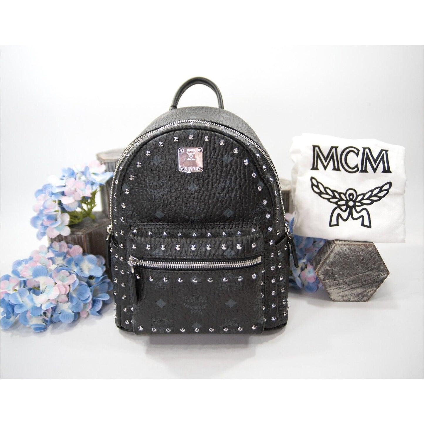 MCM Black Studded Viisetos Leather Backpack Book Bag NWT