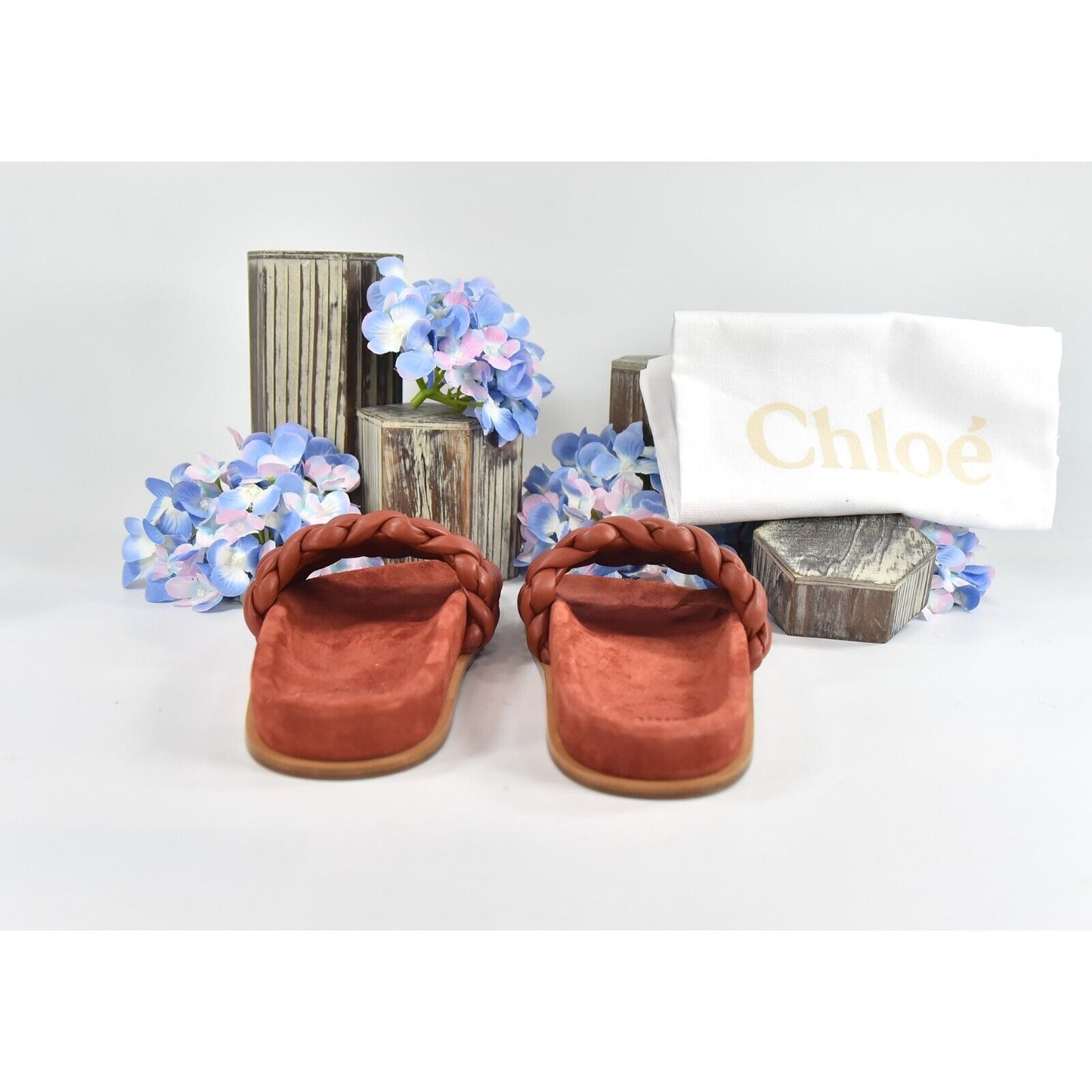Chloe Terracotta Brown Leather Kacey Woven Flat Mules Slides Sz 37 NIB