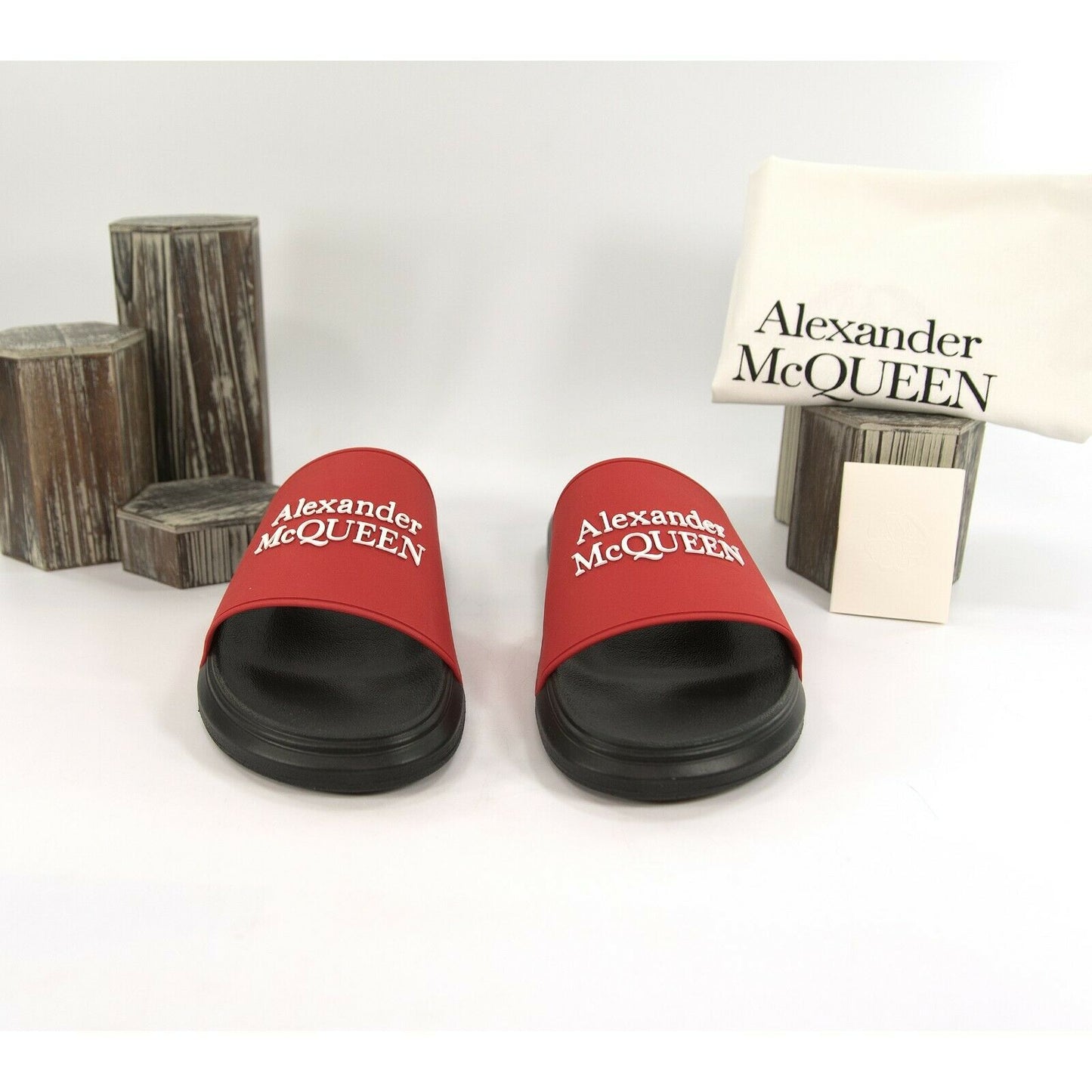 Alexander McQueen Mens Lust Red Black Debossed Logo Rubber Pool Slides 45 12 NIB