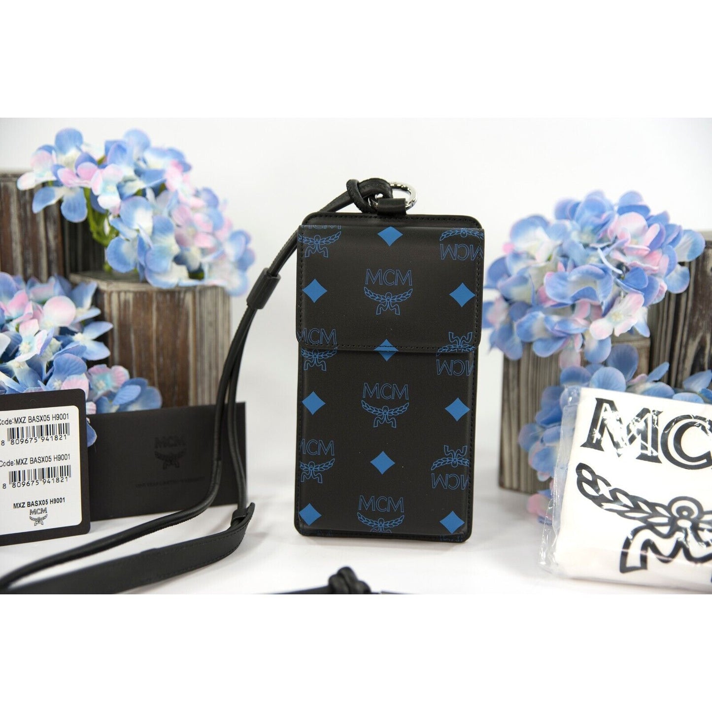 MCM Black Vallarta Blue Splash Logo Monogram Phone Crossbody Bag NWT