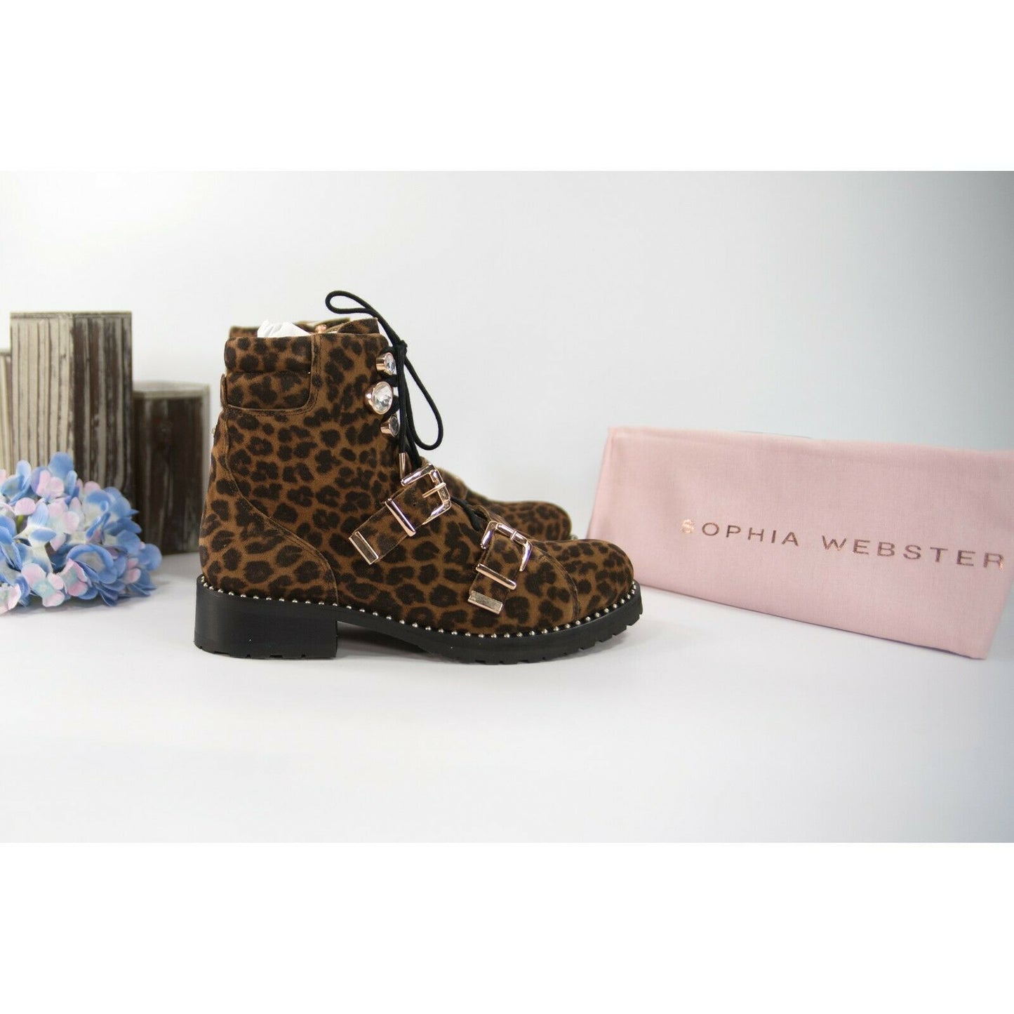 Sophia Webster Ziggy Leopard Suede Crystal Lug Sole Hiking Boots Size 37 NIB