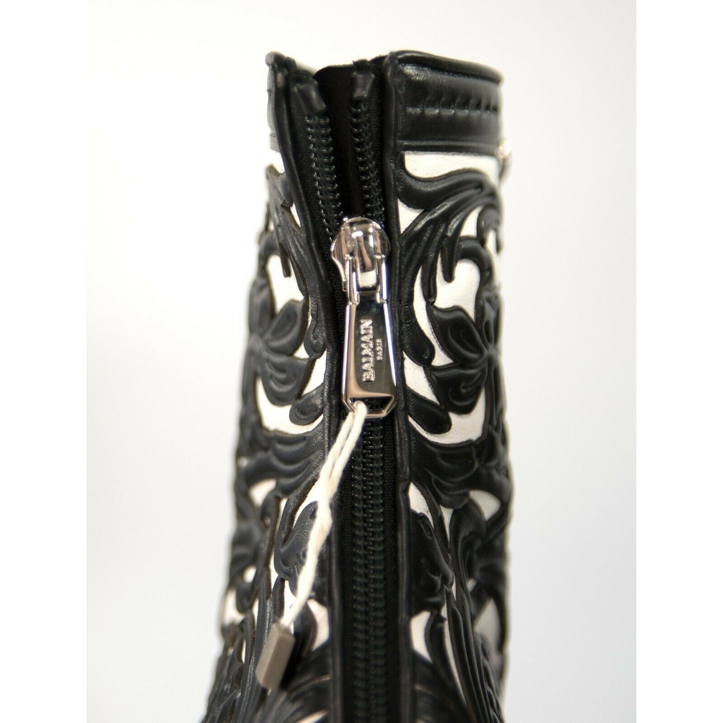 Balmain Black White Floral Tooled Leather Lace Up Bootie Boots Size 37 NIB