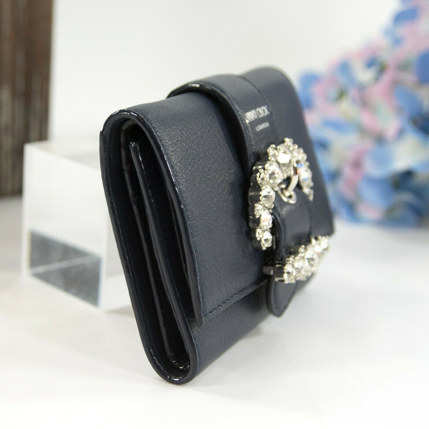 Jimmy Choo Cheri Cosmos Leather CZ Jewel Card Holder Small Trifold Wallet NWT