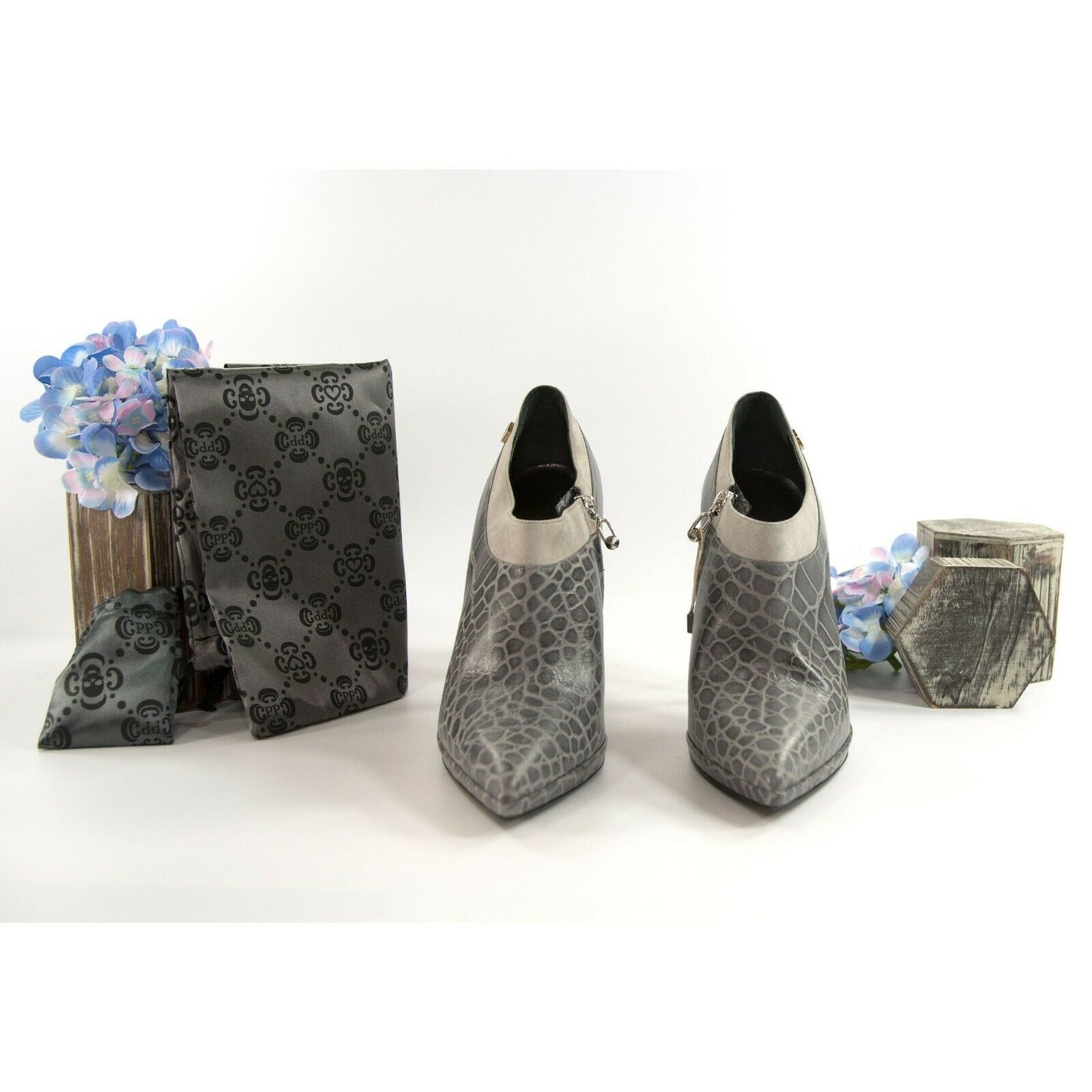 Philipp Plein Limited Edition Grey Reptilia Croc Leather Bootie Heels 39.5 NIB