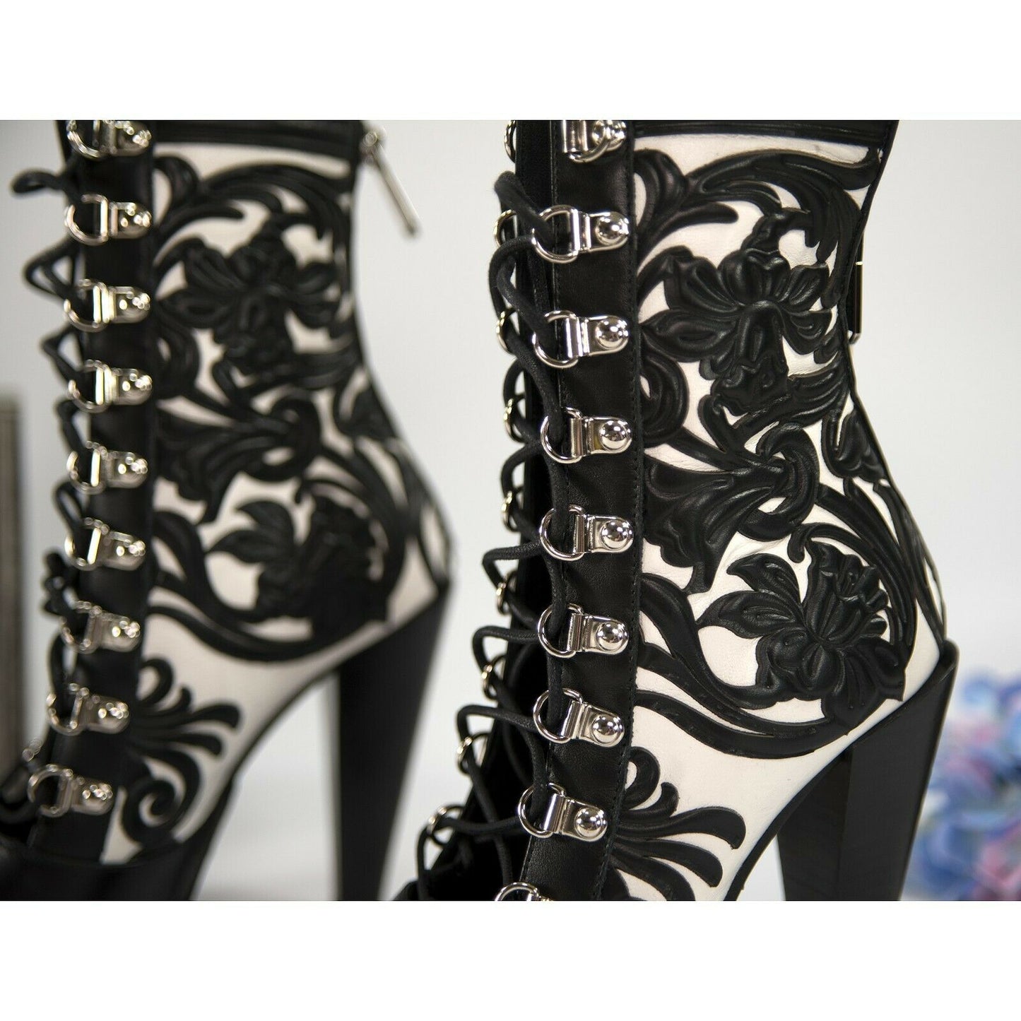 Balmain Black White Floral Tooled Leather Lace Up Bootie Boots Size 37 NIB