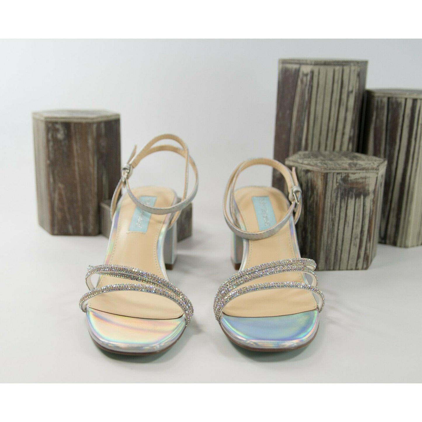 Betsey Johnson Anika Crystal Silver Iridescent Faux Leather High Heels 6 NIB