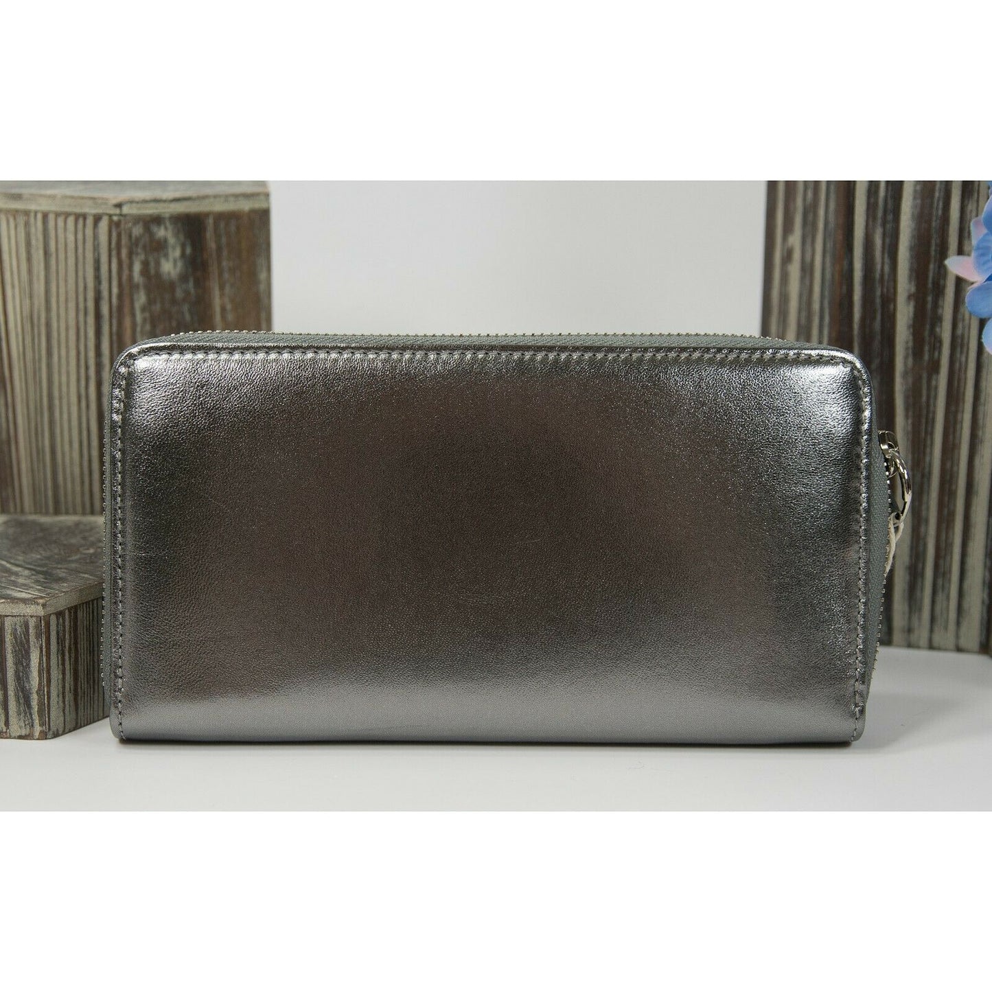 Jimmy Choo Gunmetal Metallic Leather Large Zip Around Continental Wallet NWT