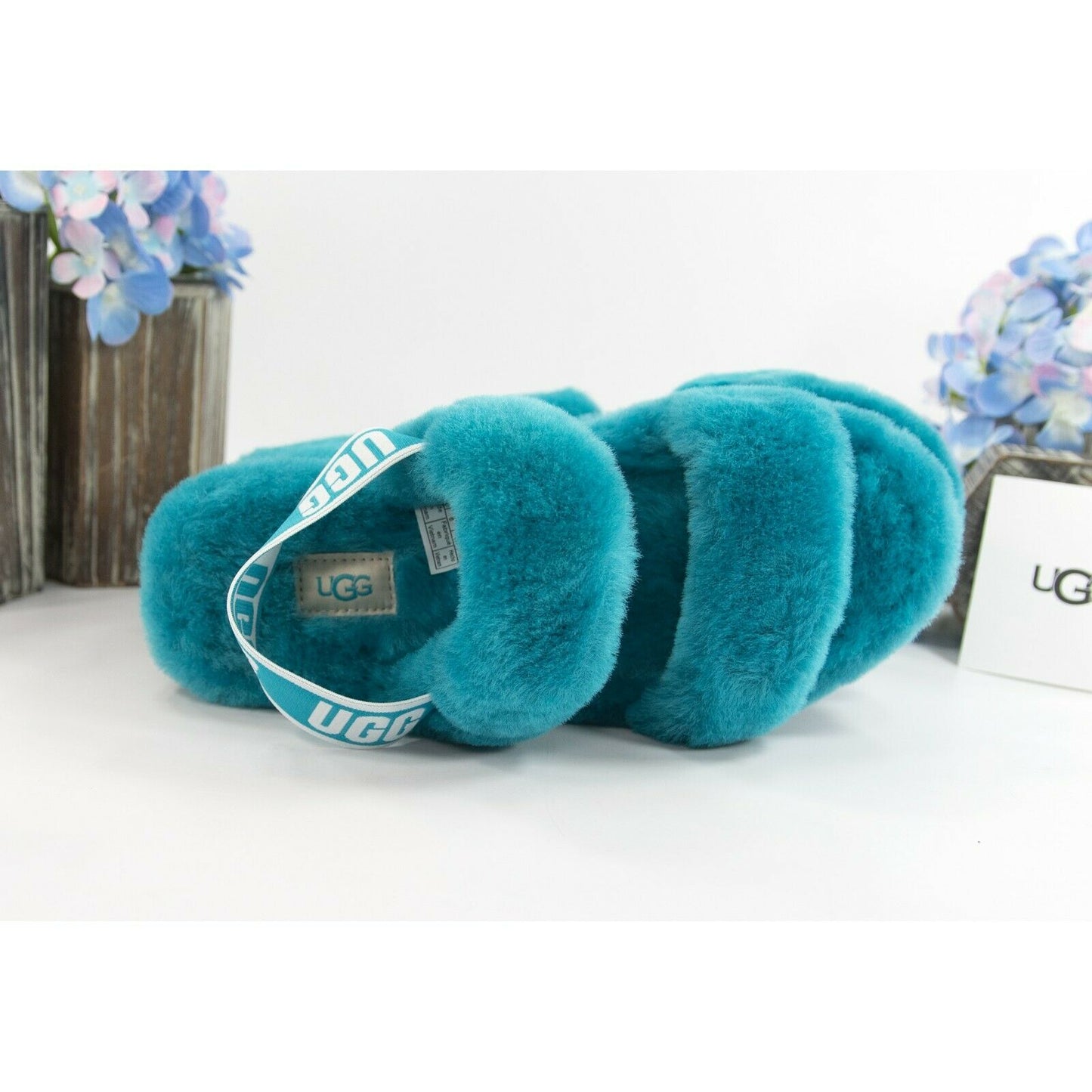 UGG Fluff Oh Yea Aqua Blue Sheepskin Fur Slippers Slides Sandals Sz 7 NIB
