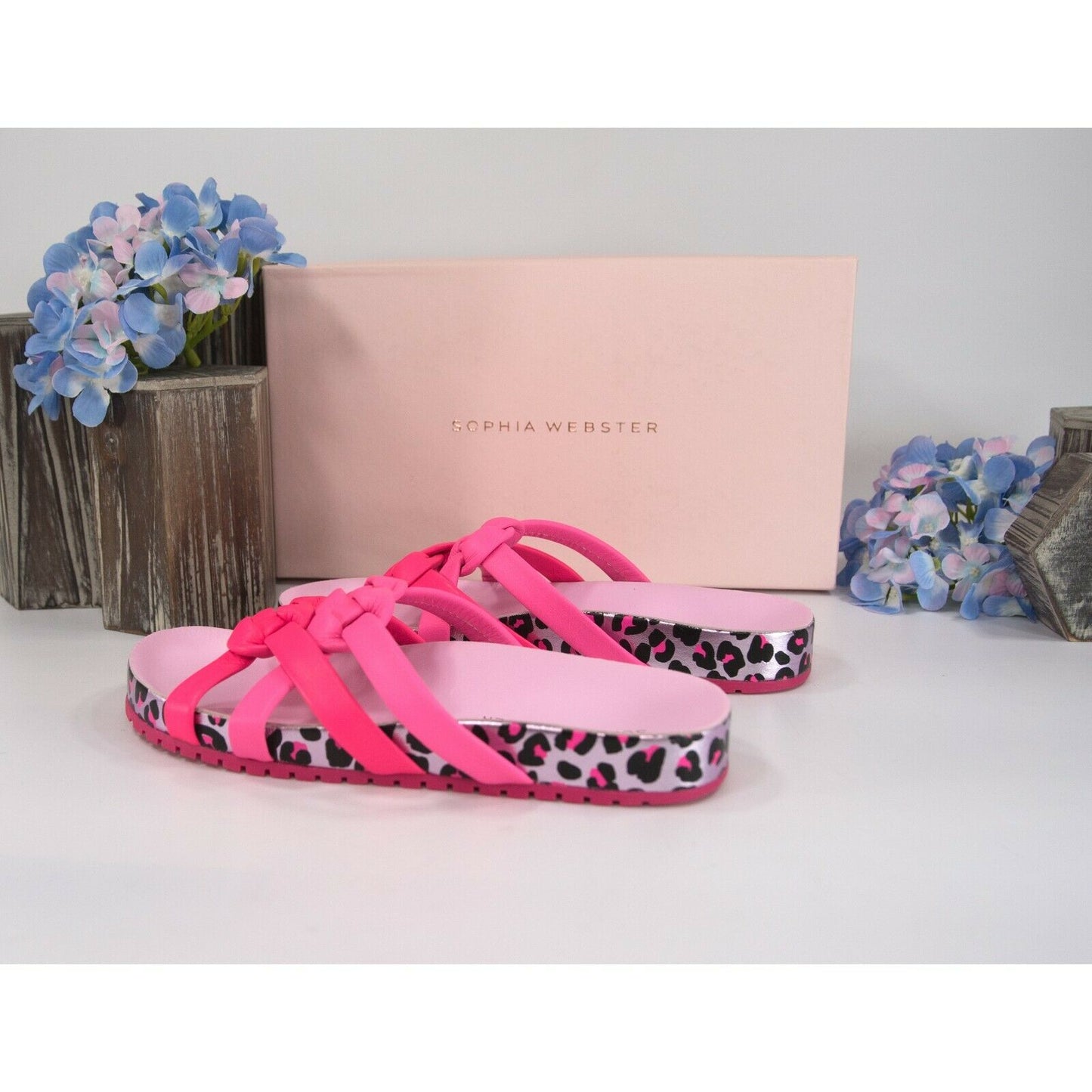 Sophia Webster Neon Pink Metallic Leopard Ramona Knotted Slides Sz 38 NIB