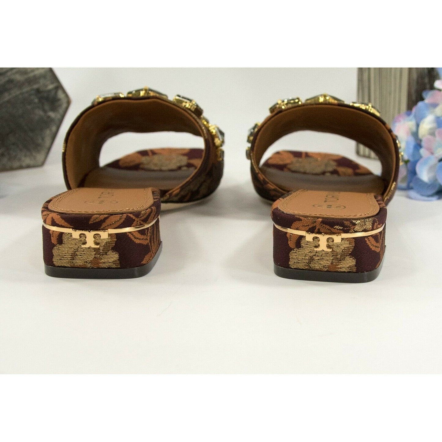 Tory Burch Martine Burgundy Gold Floral Jacquard Jeweled Flats Slides Sz 6 NIB