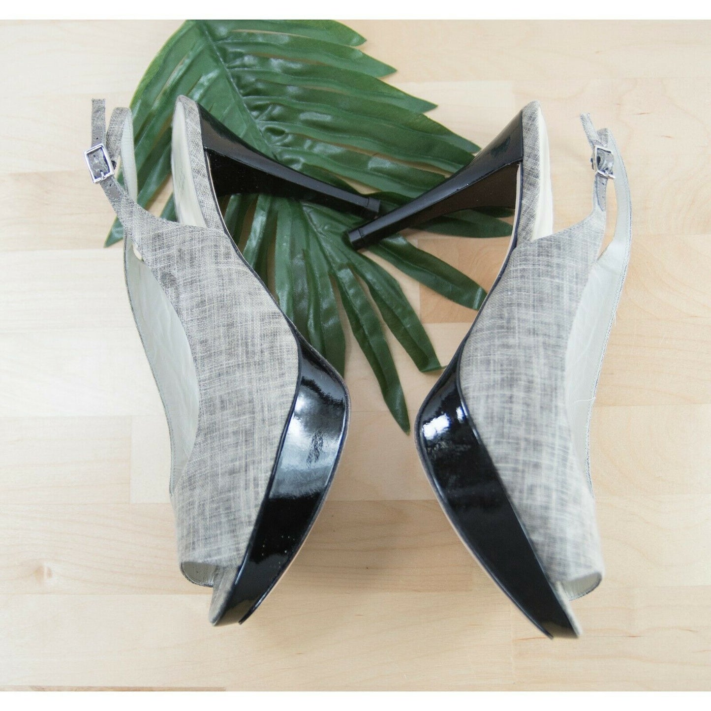 Stuart Weitzman Grey Linen Black Patent Leather Slingback Platform Heels 10 EUC