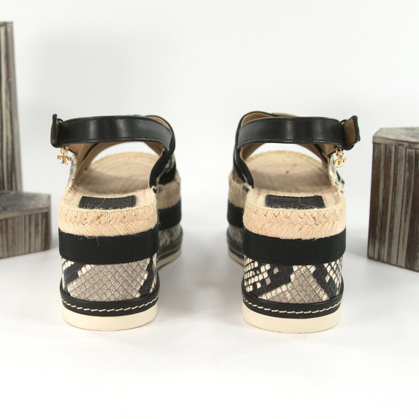 Tory Burch Black Snake Leather Grosgrain 75MM Platform Sandals Size 8 NIB