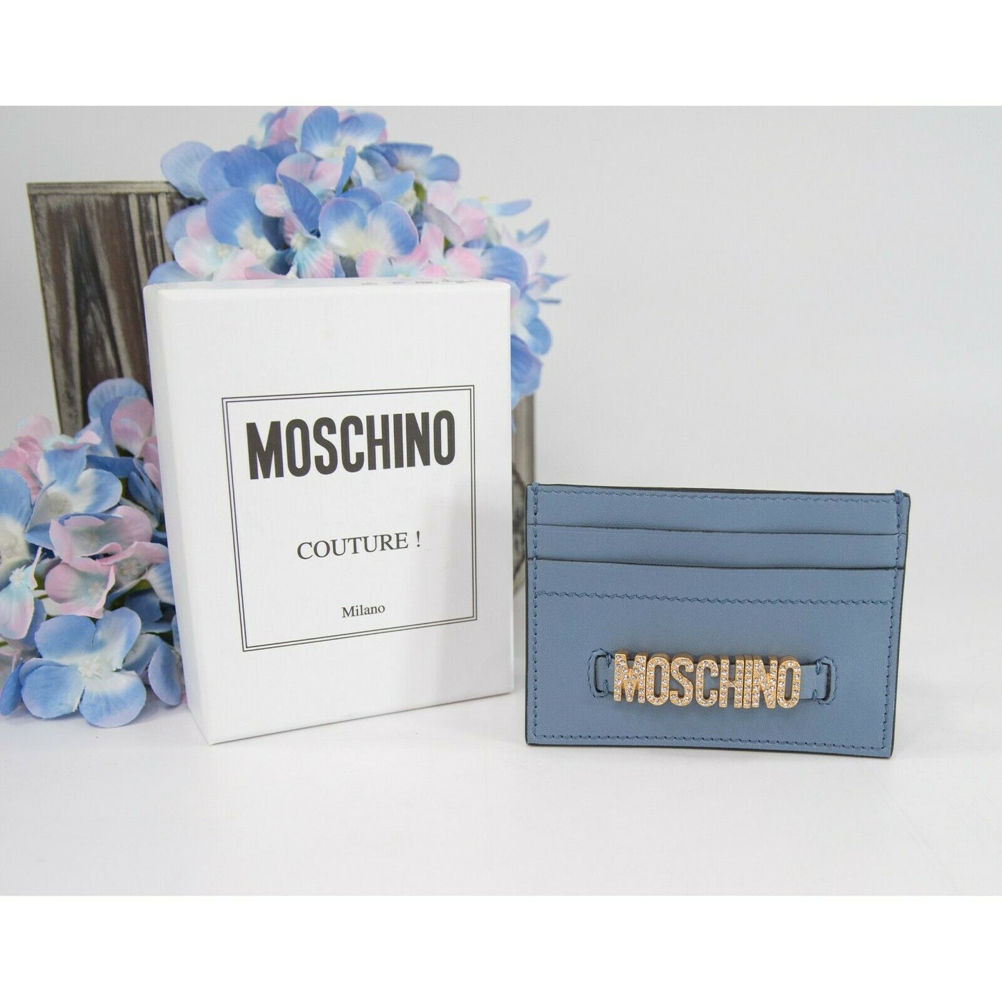 Moschino Couture Dust Blue Crystal Logo Leather Card Case Holder NWT
