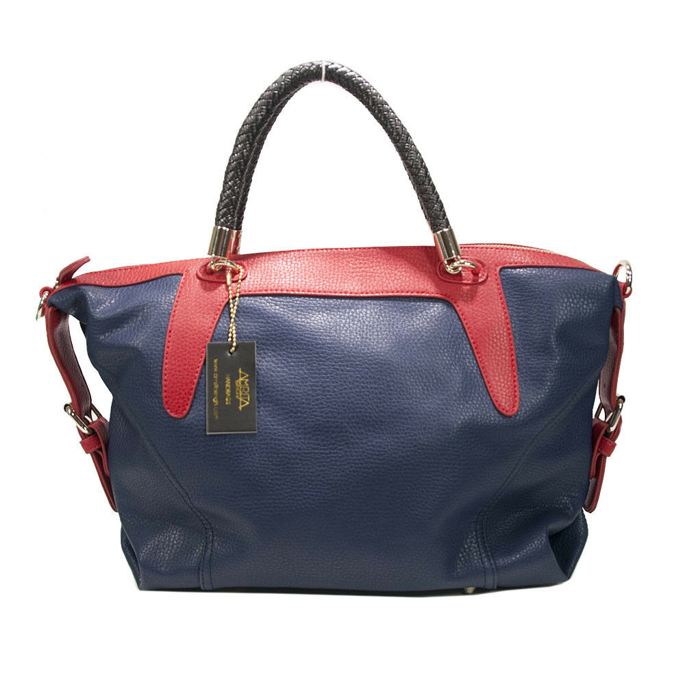 Amrita Singh Colorblock Faux Leather Woven Handle Large Satchel Shoulder Bag NWT