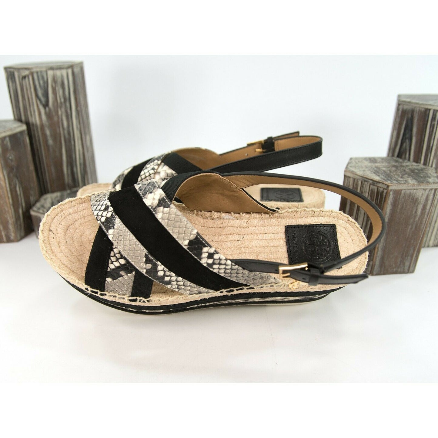 Tory Burch Black Snake Leather Grosgrain 75MM Platform Sandals Size 8 NIB