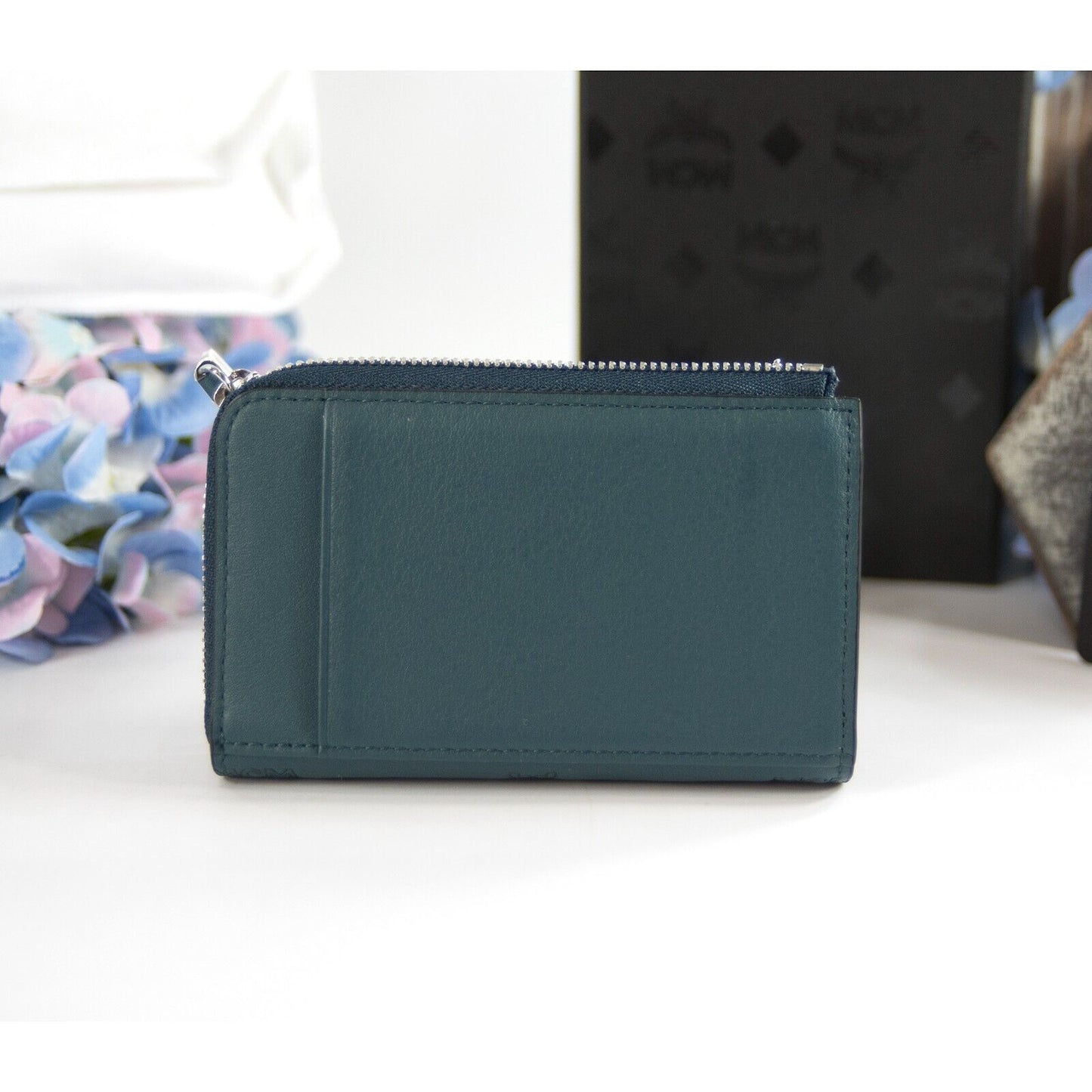 MCM Logo Embossed Deep Teal Leather Zip Card Case Mini Wallet NWT