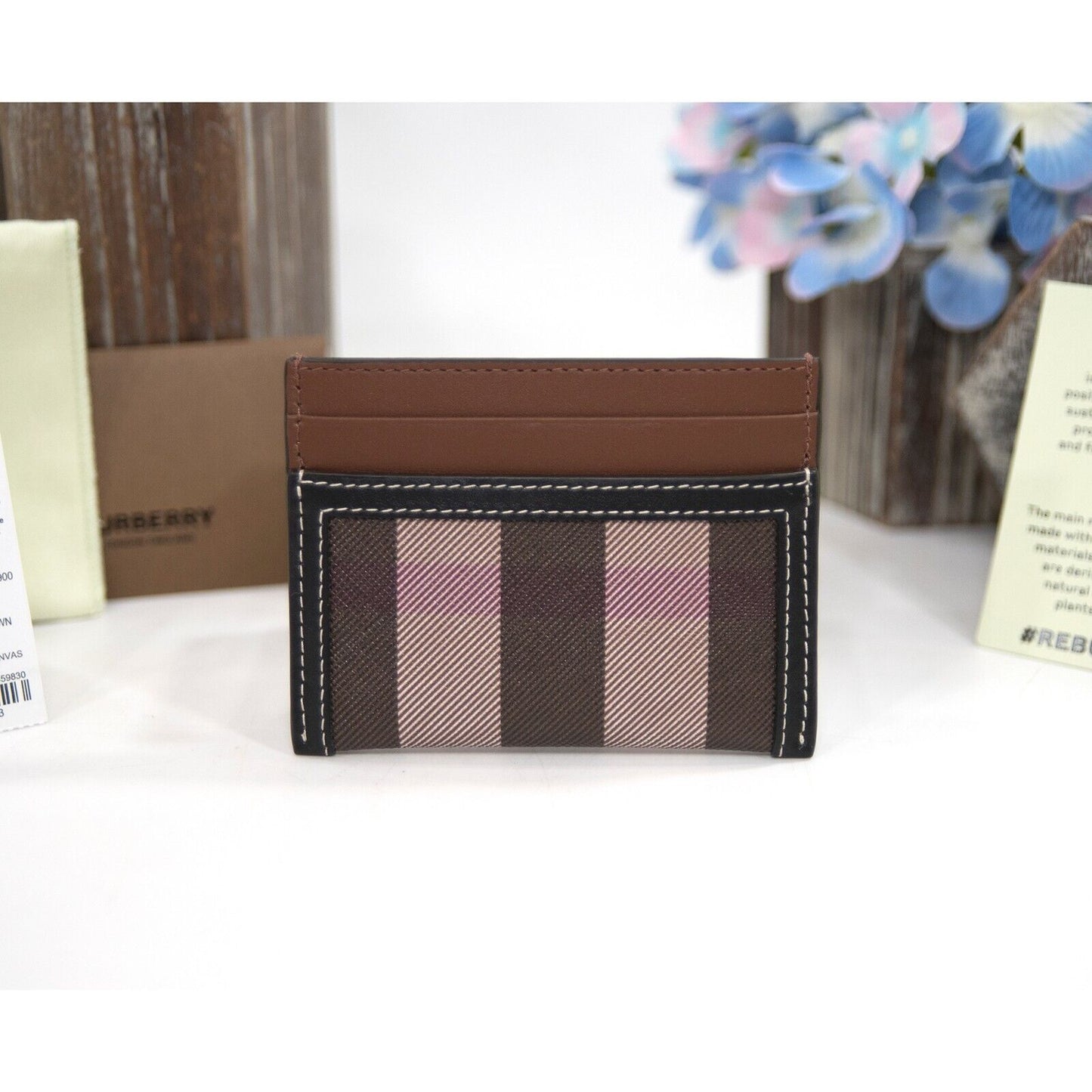 Burberry Sandon Check Faux Leather and Leather Logo Card Case Mini Wallet NWT